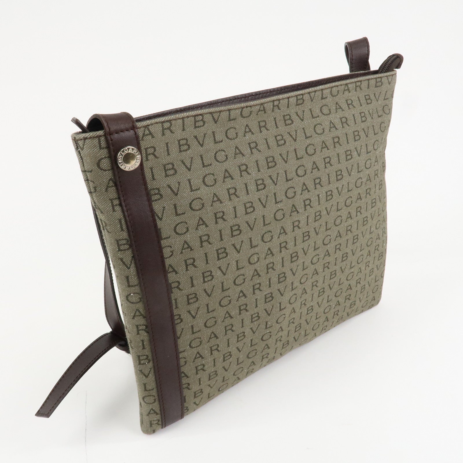 BVLGARI Logo Mania Leather Canvas Shoulder Bag Khaki Dark Brown Used