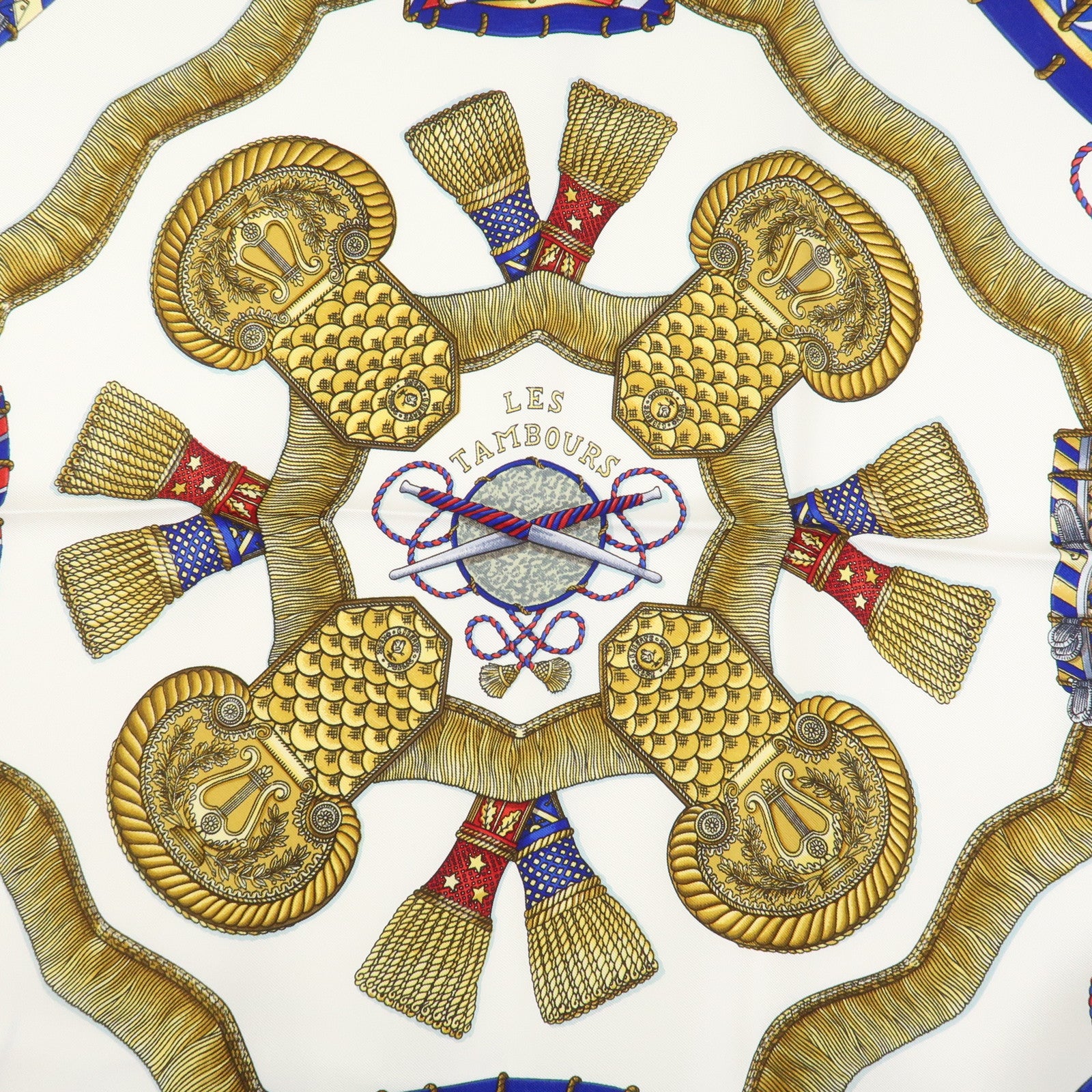 HERMES Carre 90 Silk 100% Scarf LES TAMBOURS Blue White