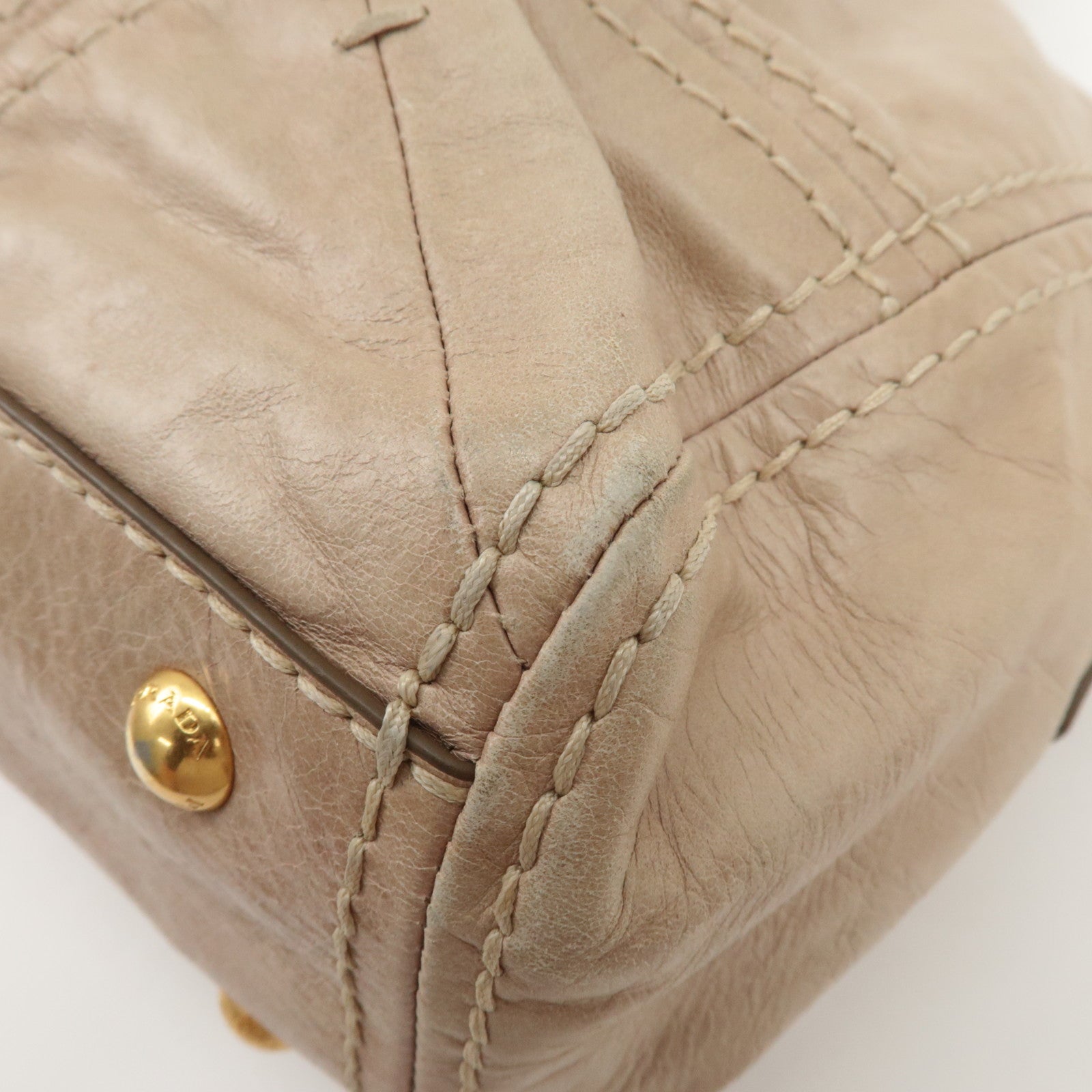 PRADA Triangle Logo Leather 2Way Bag Tote Bag Shoulder Bag Beige Used