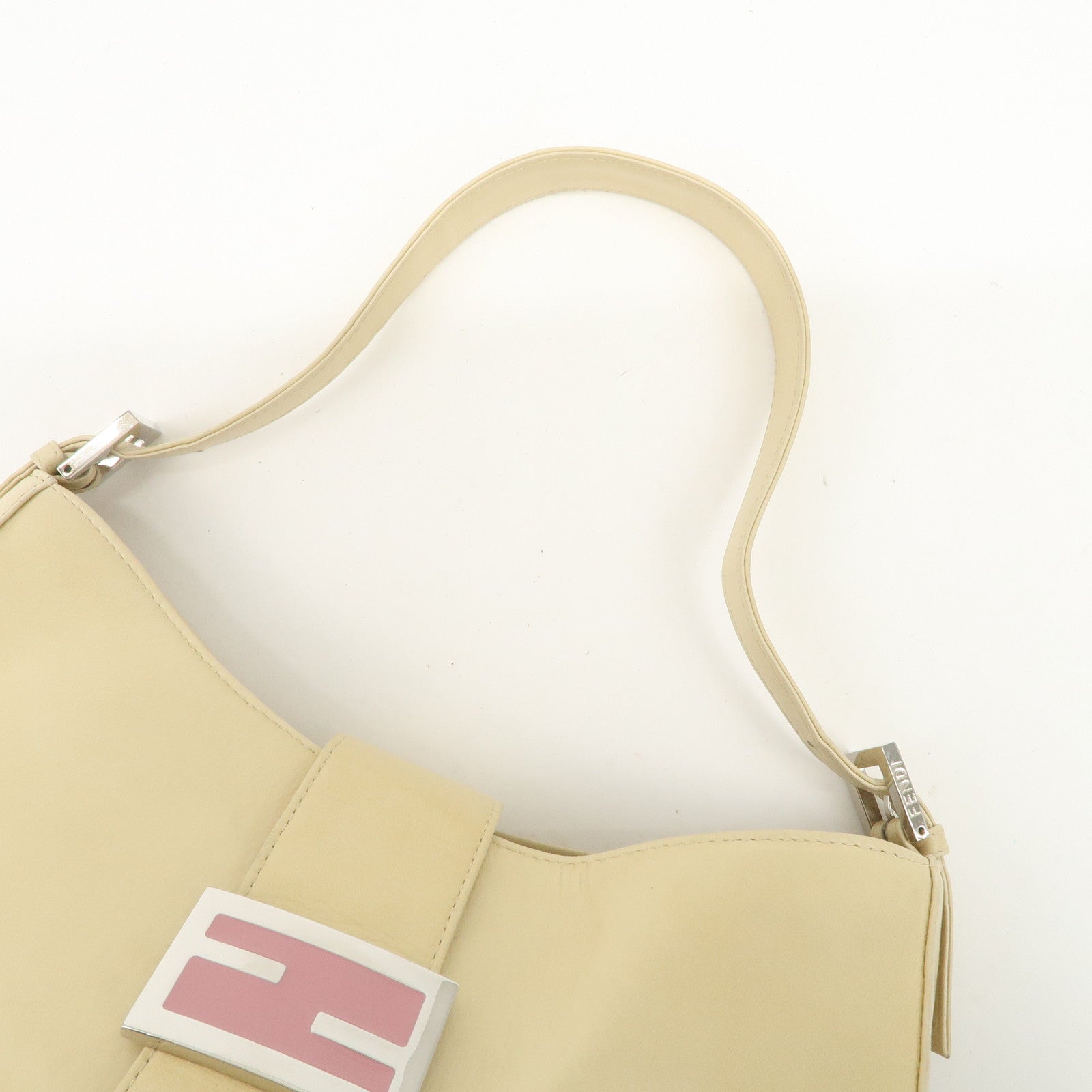 FENDI Logo Leather Shoulder Bag Hand Bag Beige Silver Hardware