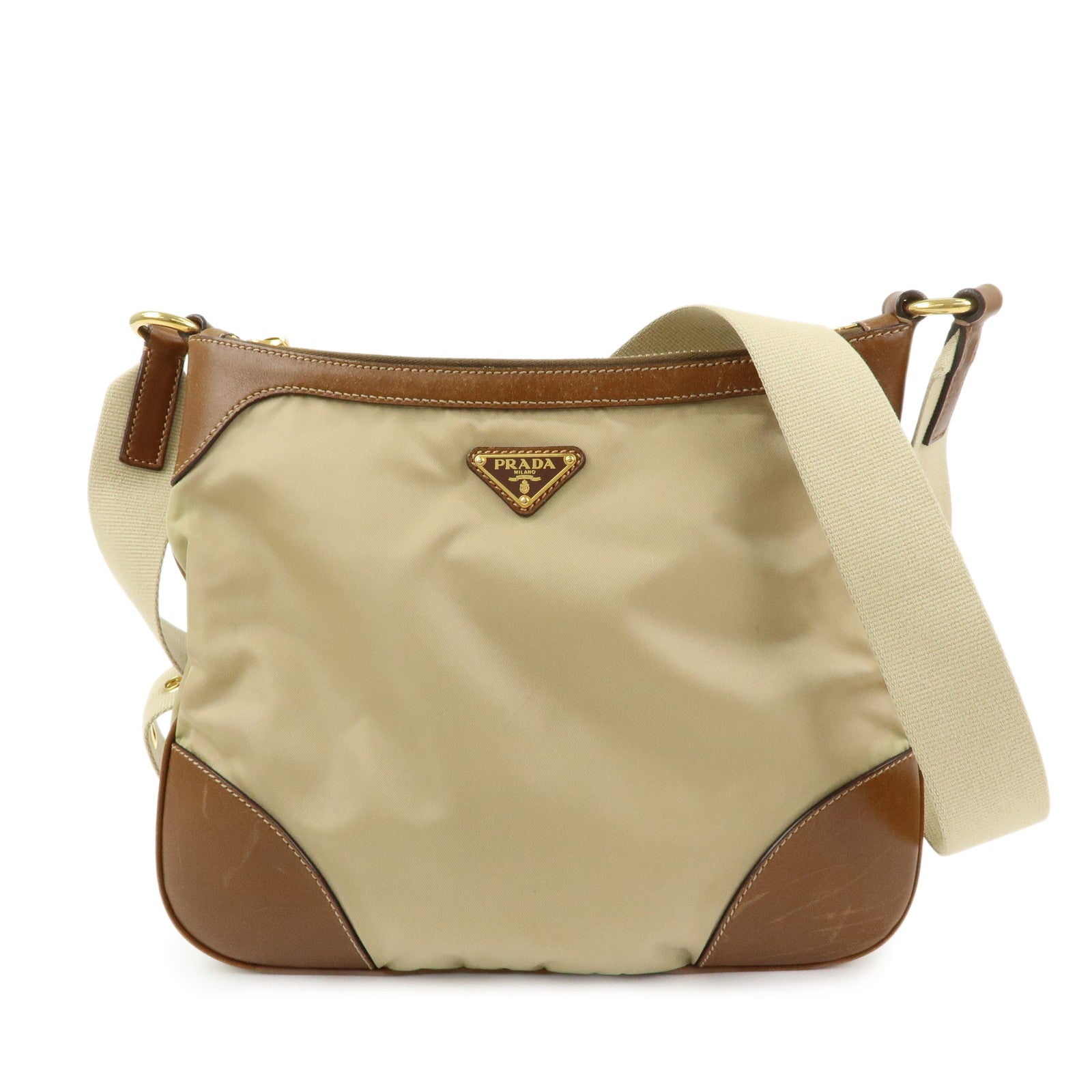 PRADA Triangle Logo Nylon Leather Shoulder Bag Crossbody Bag Beige