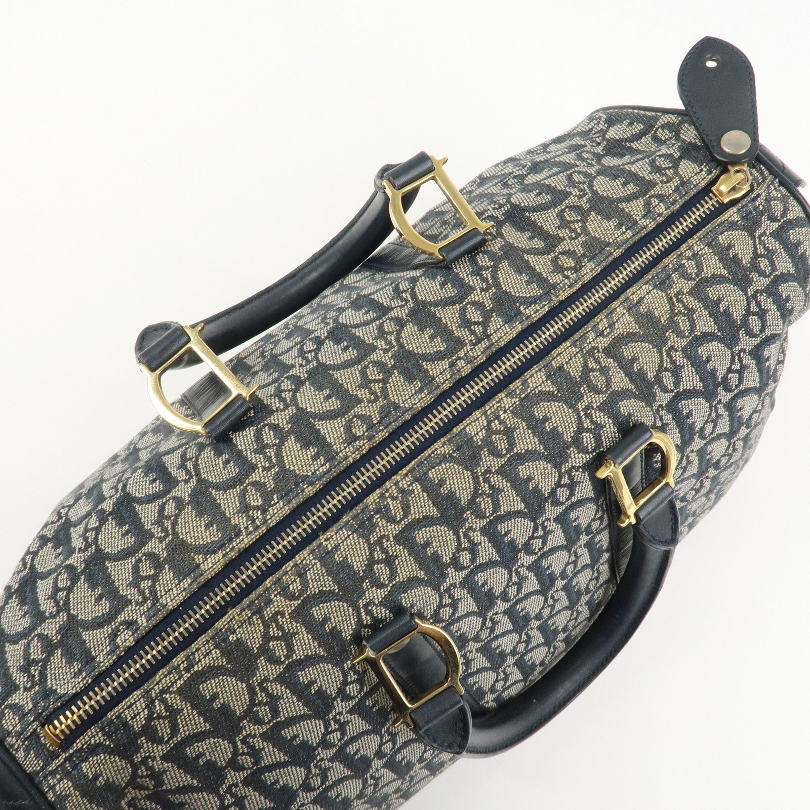 Christian Dior Trotter Jacquard Canvas Leather Boston Hand Bag Navy