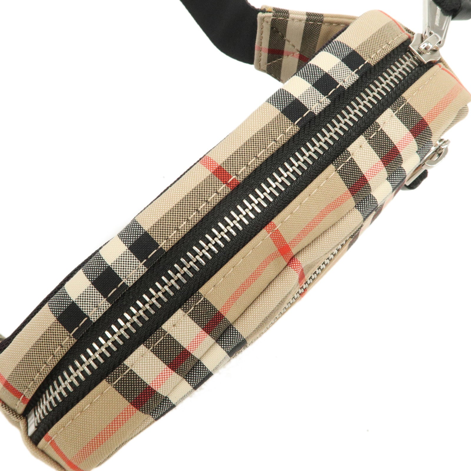BURBERRY Leather Canvas Waist Bag Nova Plaid Beige Black Used