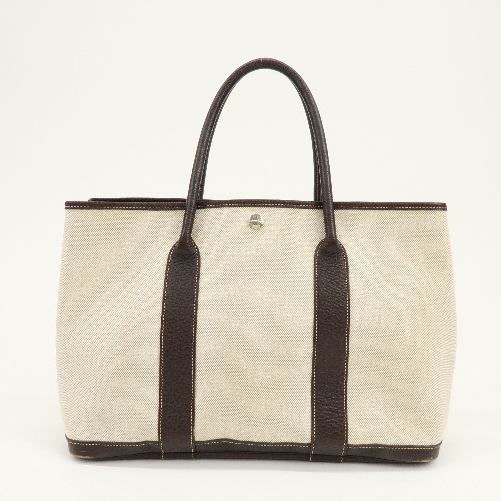 HERMES Garden Party Canvas Leather Tote Bag Beige Brown □H Stamped