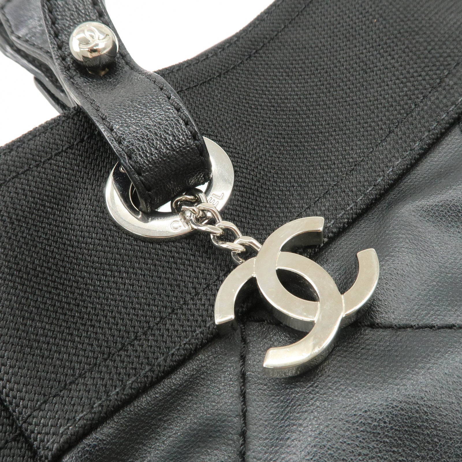 CHANEL Paris Biarritz PM Coated Canvas Leather Tote Bag Black A34208 Used