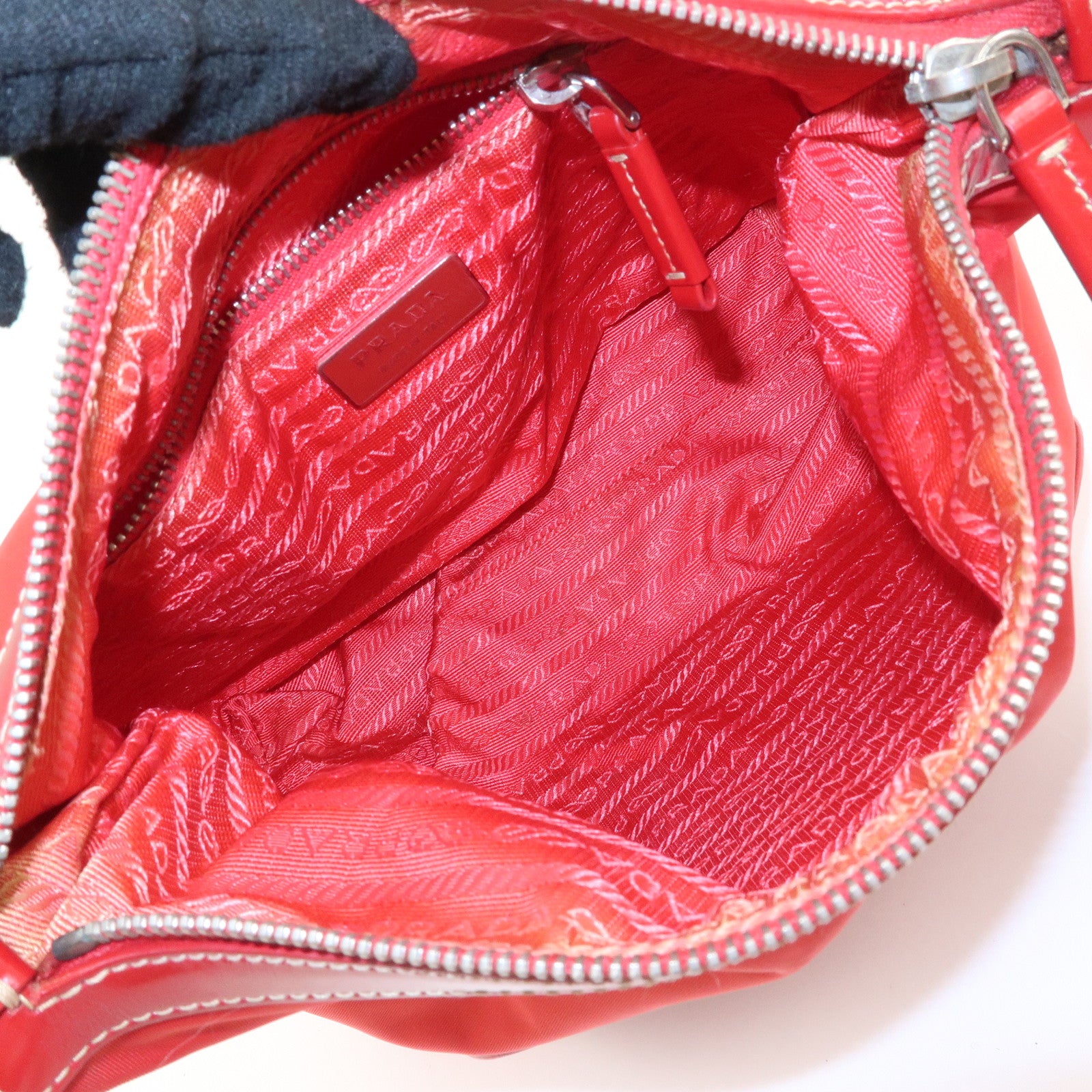 PRADA Logo Nylon Leather Shoulder Bag Silver HDW Red Used