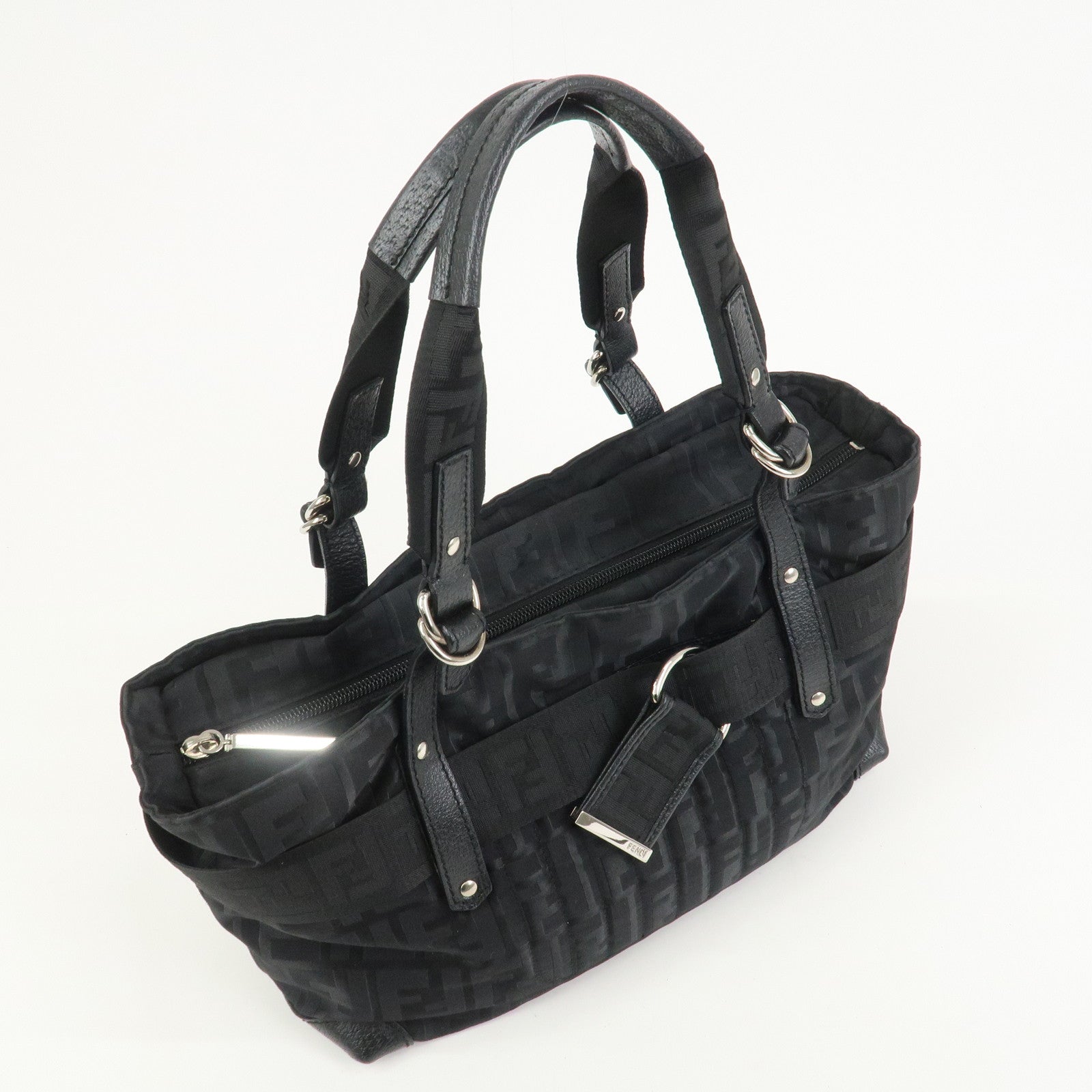 FENDI Zucca Nylon Leather Shoulder Bag Hand Bag Black 8BH143