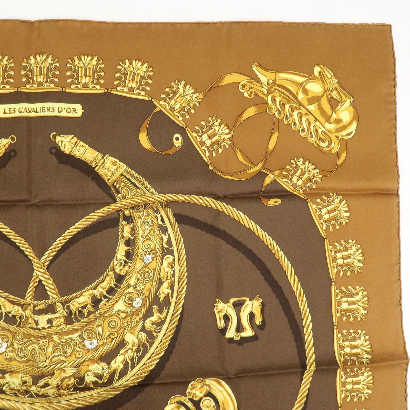 HERMES Carre 90 Silk 100% Scarf LES CAVALIERS D'OR Brown Gold