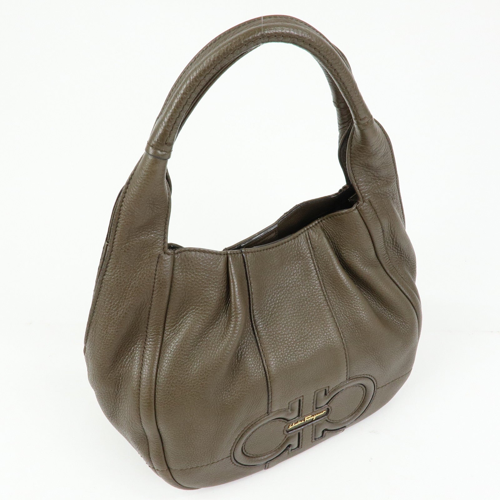Ferragamo Gancini Calf Leather Hand Bag Shoulder Bag Khaki
