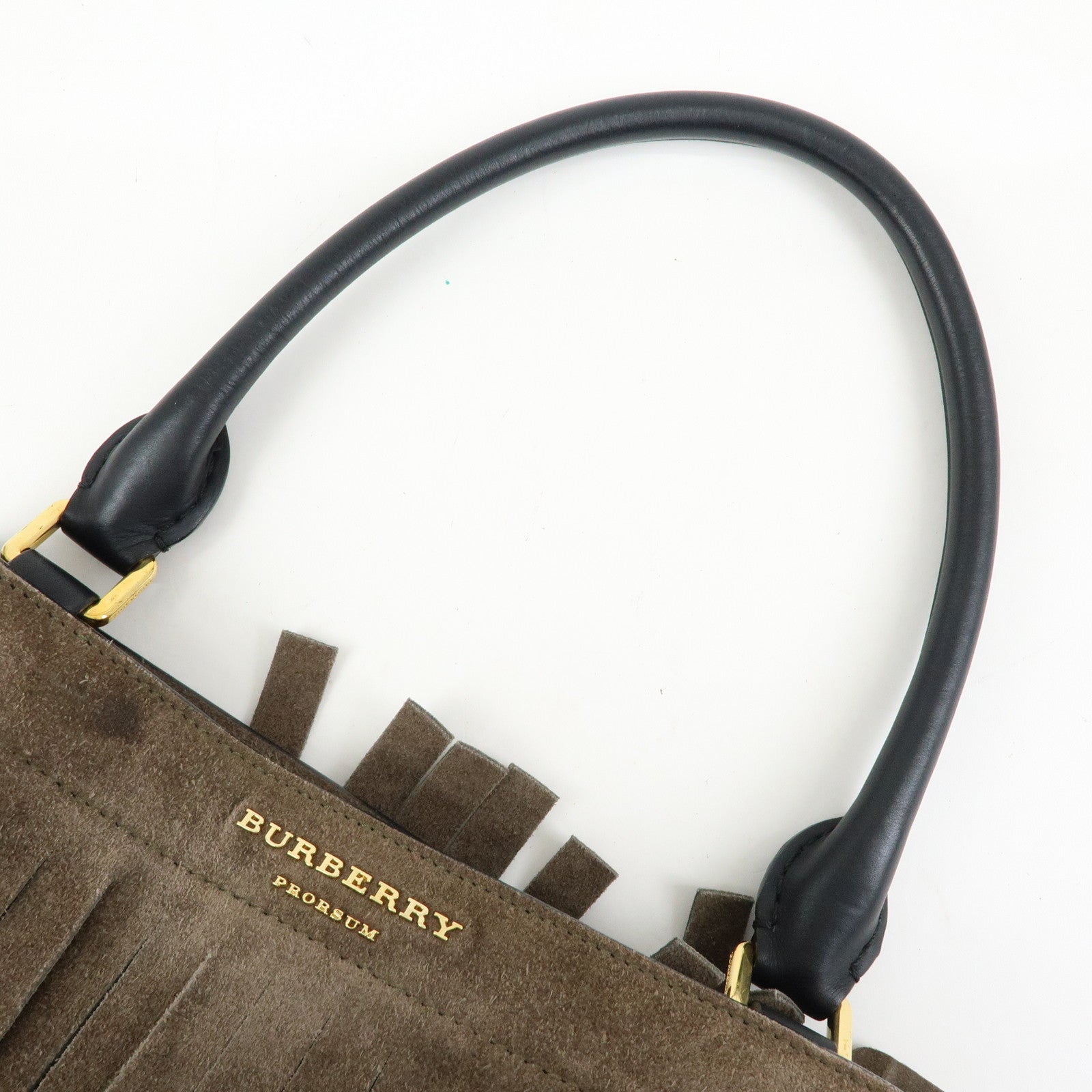 BURBERRY PROSUM Fringe Suede Leather Tote Bag Hand Bag Brown Black
