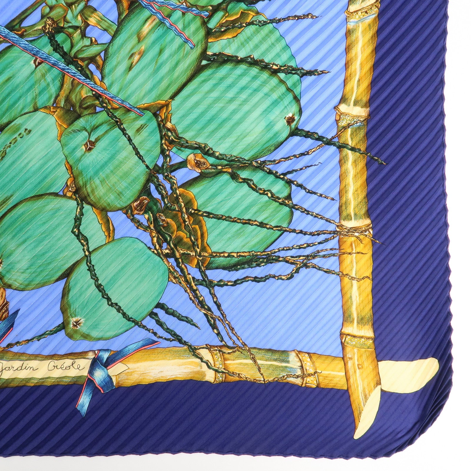 HERMES Carre Silk 100% Pleats Scarf Jardin Creole Blue Green Navy Used