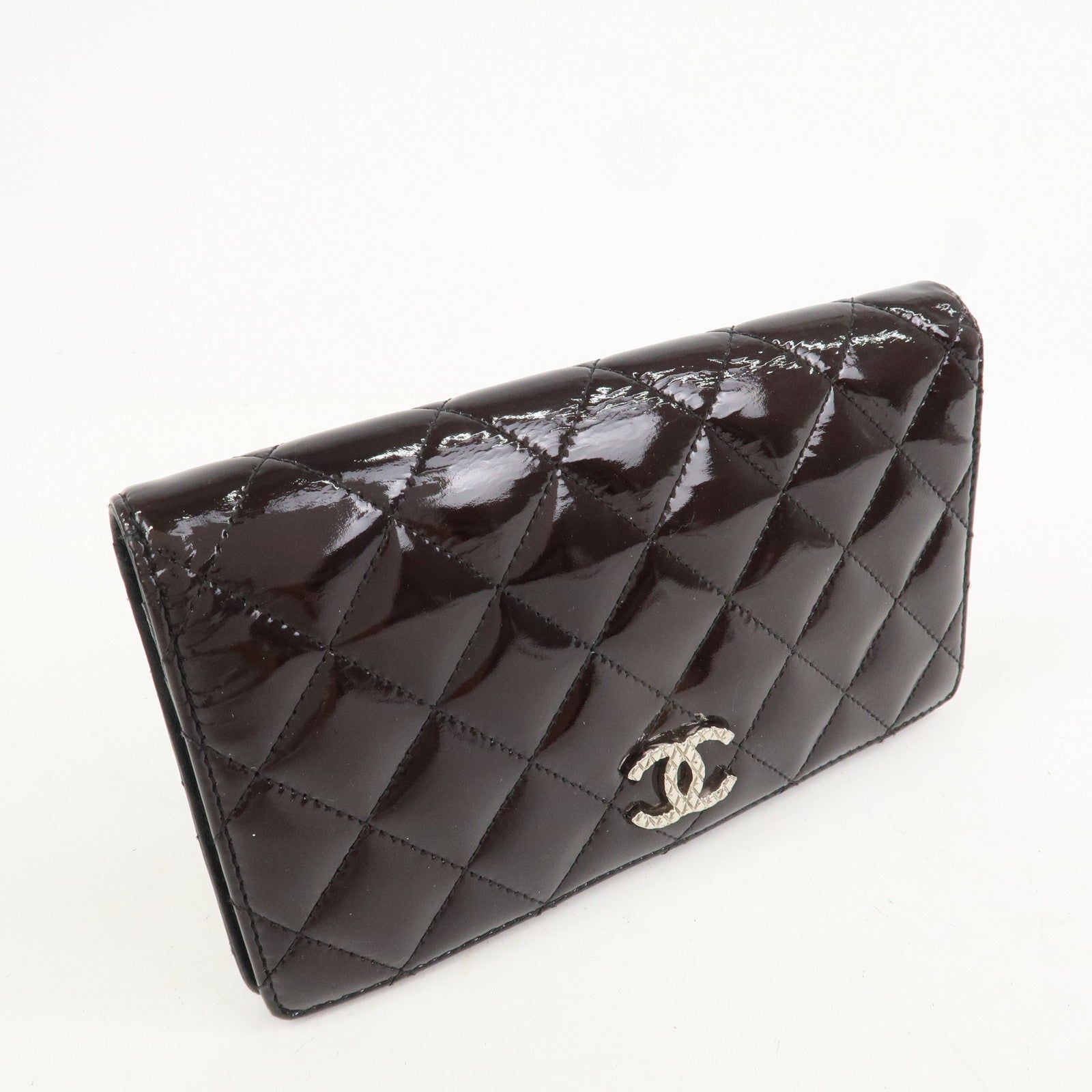 CHANEL COCO Mark Matelasse Patent Leather Long Wallet Black A48691