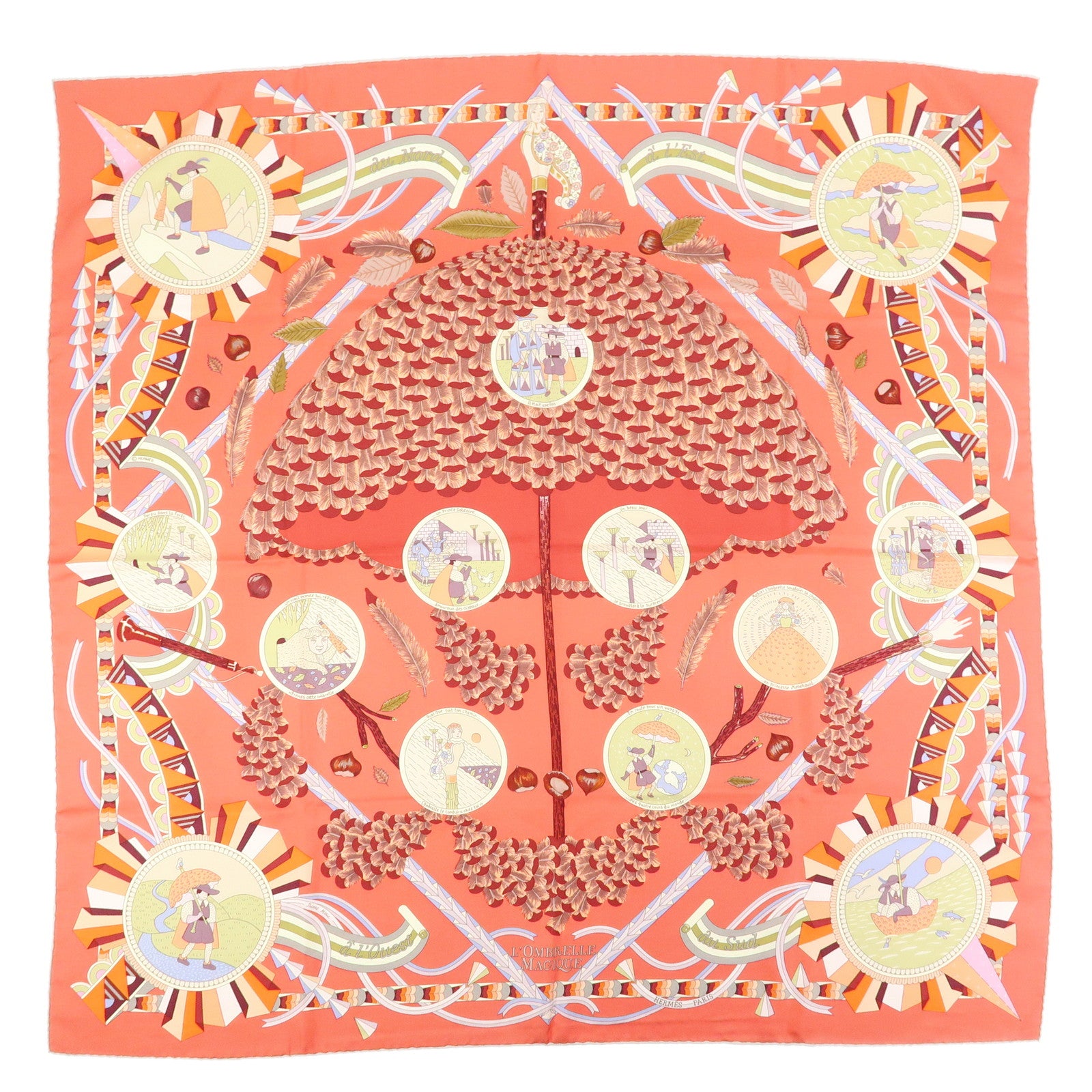 HERMES Carre 90 Silk 100% Scarf L' OMBRELLE MAGIQUE Umbrella Pink