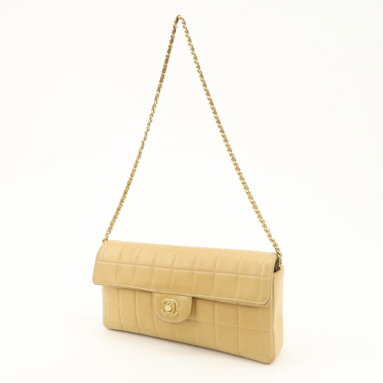 CHANEL Chocolate Bar Lamb Skin Chain Shoulder Bag Beige Gold Used