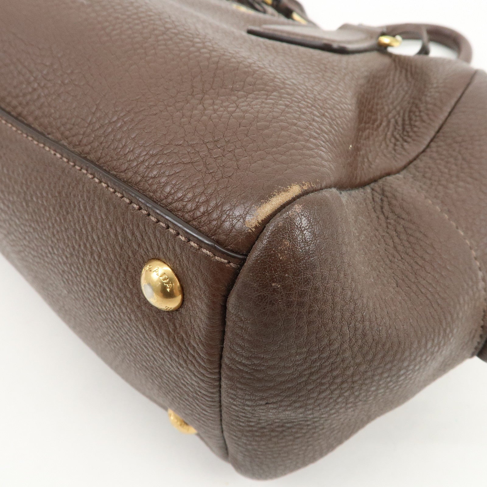 PRADA Logo Leather Shoulder Bag Boston Bag Hand Bag Brown B3091M