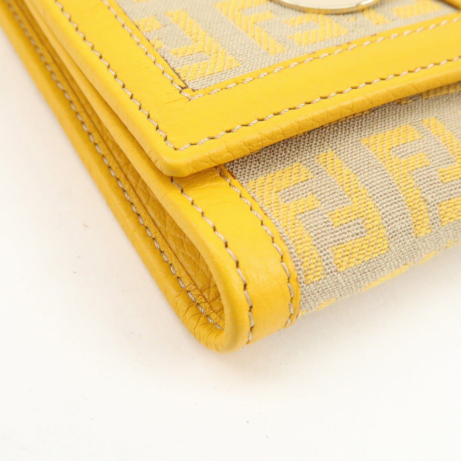 FENDI Zucchino Canvas Leather Tri-fold Compact Wallet Yellow 8M0177
