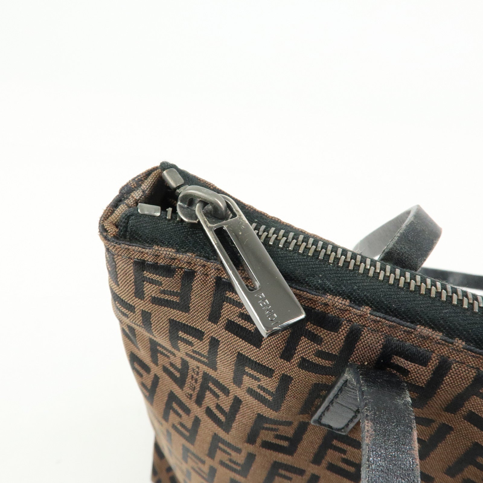 FENDI Zucchino Canvas Leather Tote Bag Hand Bag Brown Black 8BH024