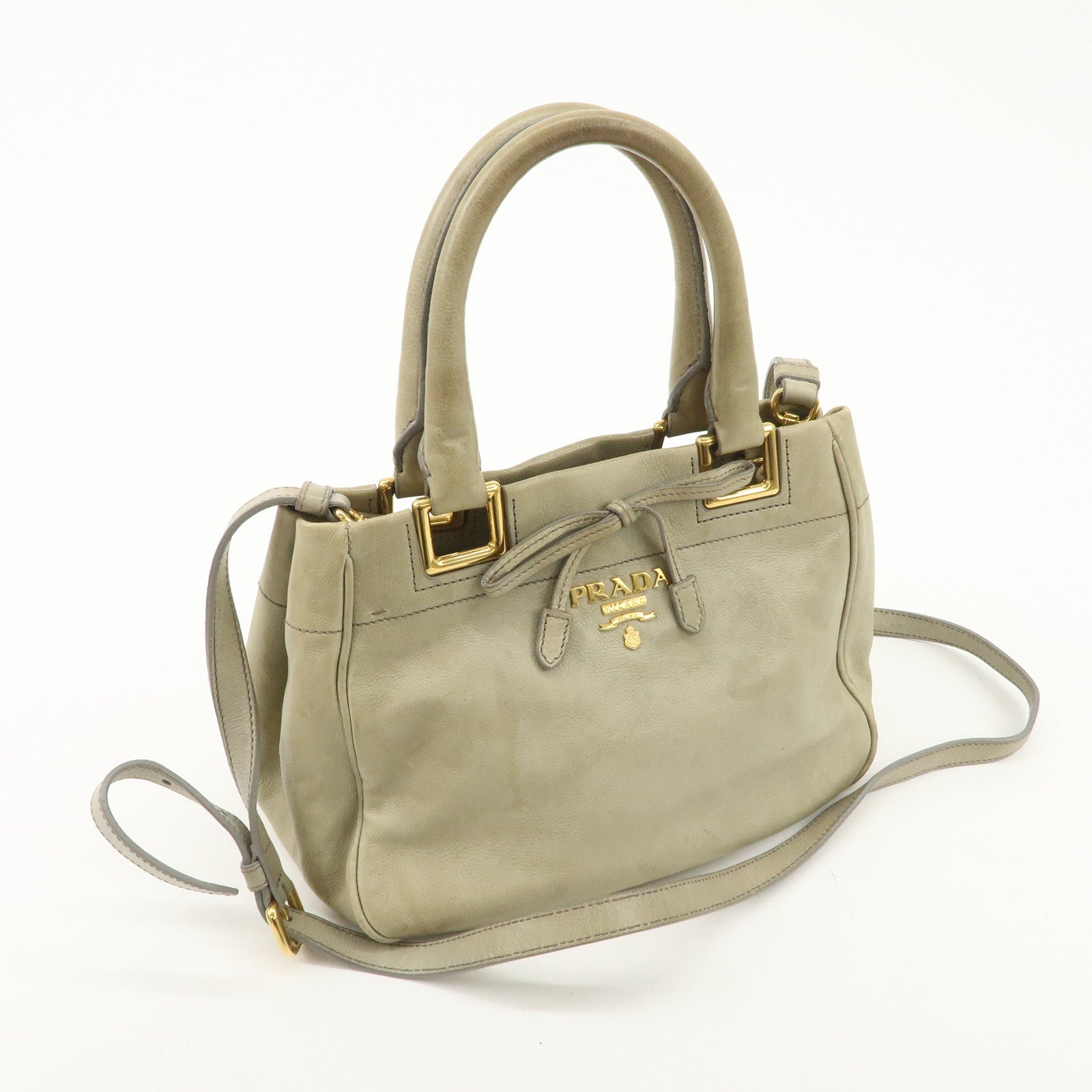 PRADA Logo Ribon Leather 2WAY Tote Bag Hand Bag Beige Gold HDW BN2245 Used