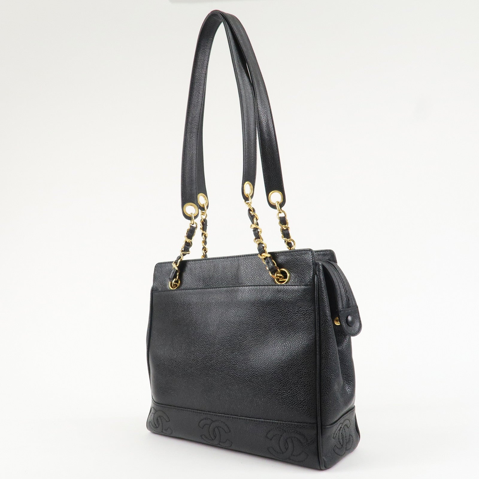 CHANEL Triple COCO Caviar Skin Chain Shoulder Bag Black Gold Hardware Used