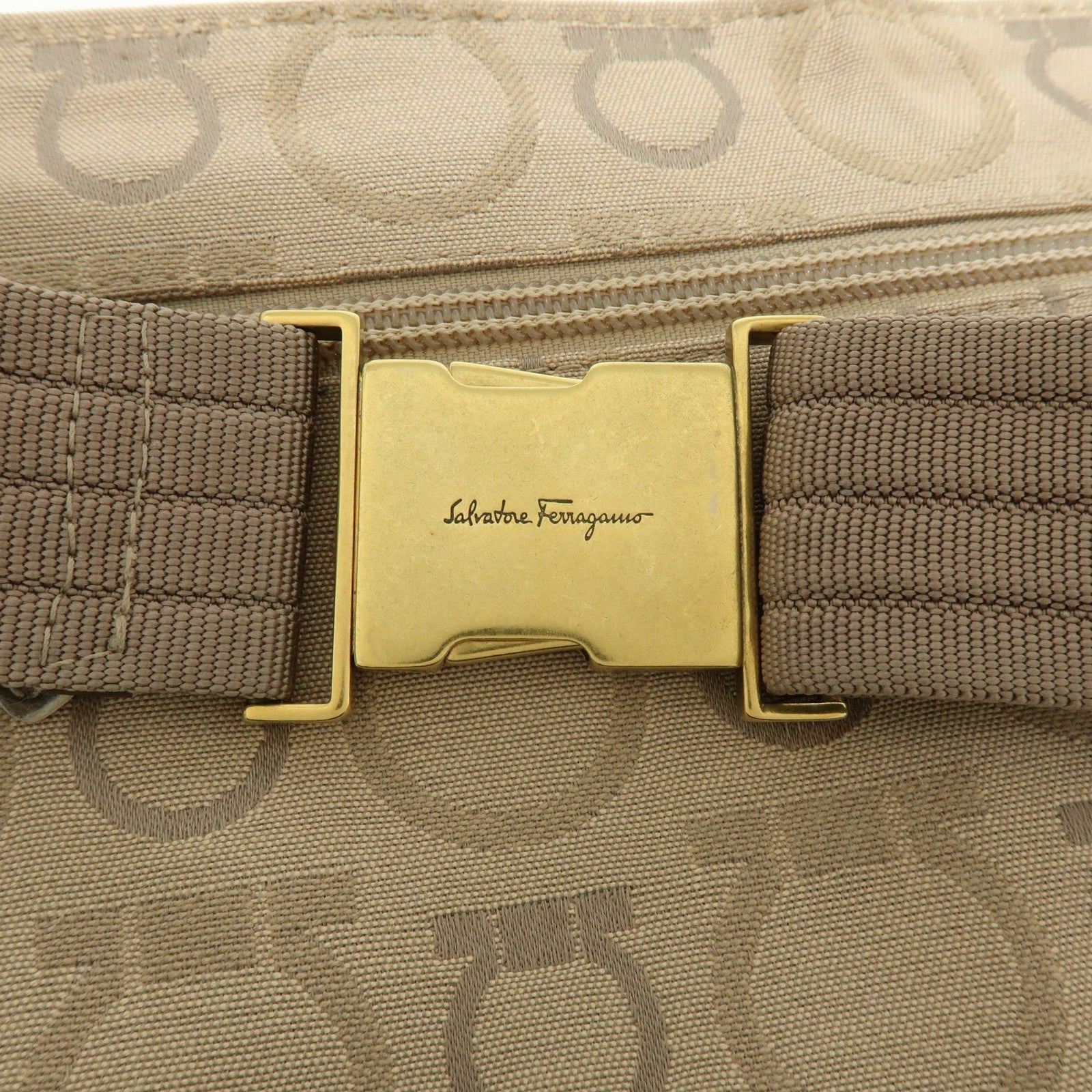 Ferragamo Gancini Canvas Leather Body Bag Waist Bag Beige