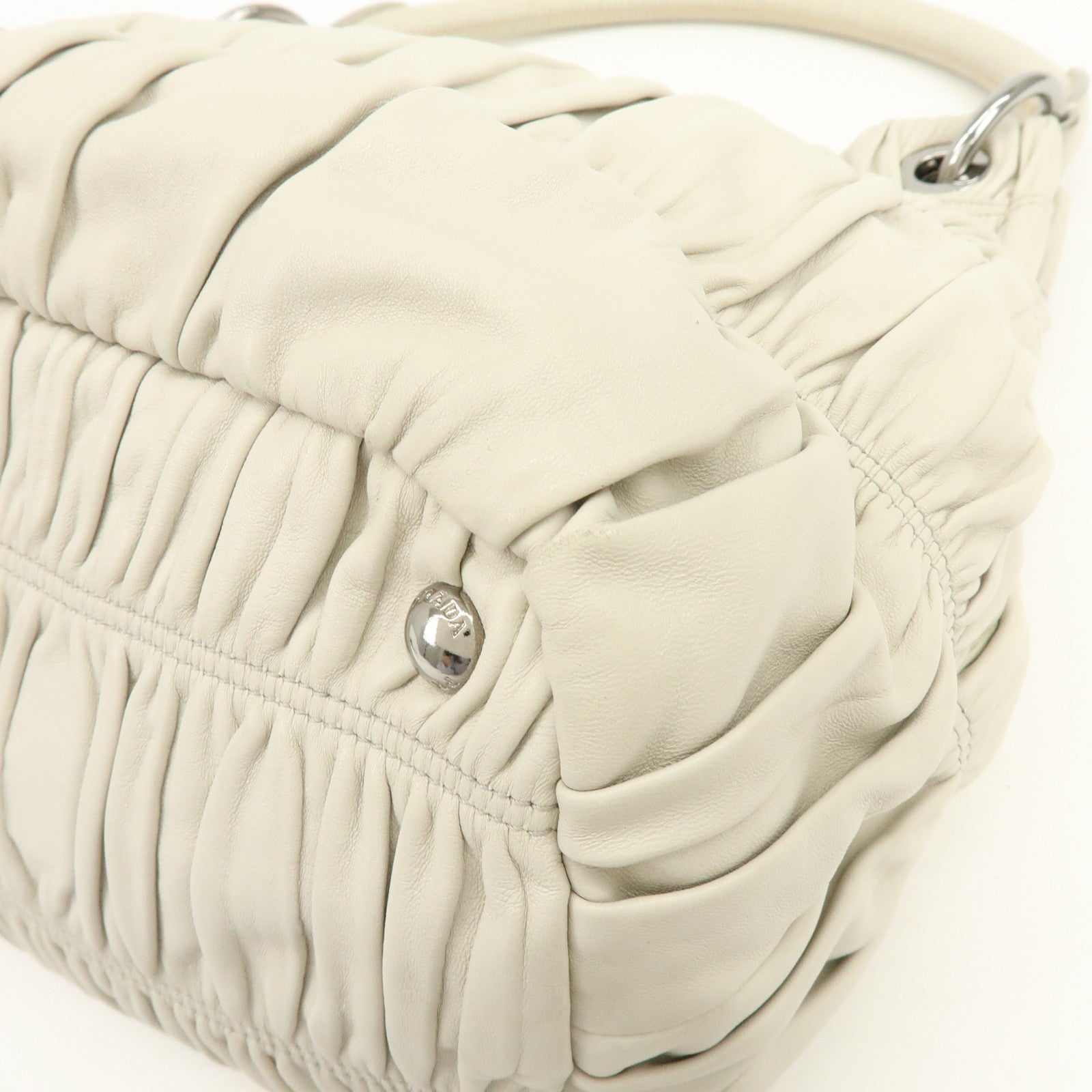 PRADA Gathered Leather Shoulder Bag Hand Bag Light Beige