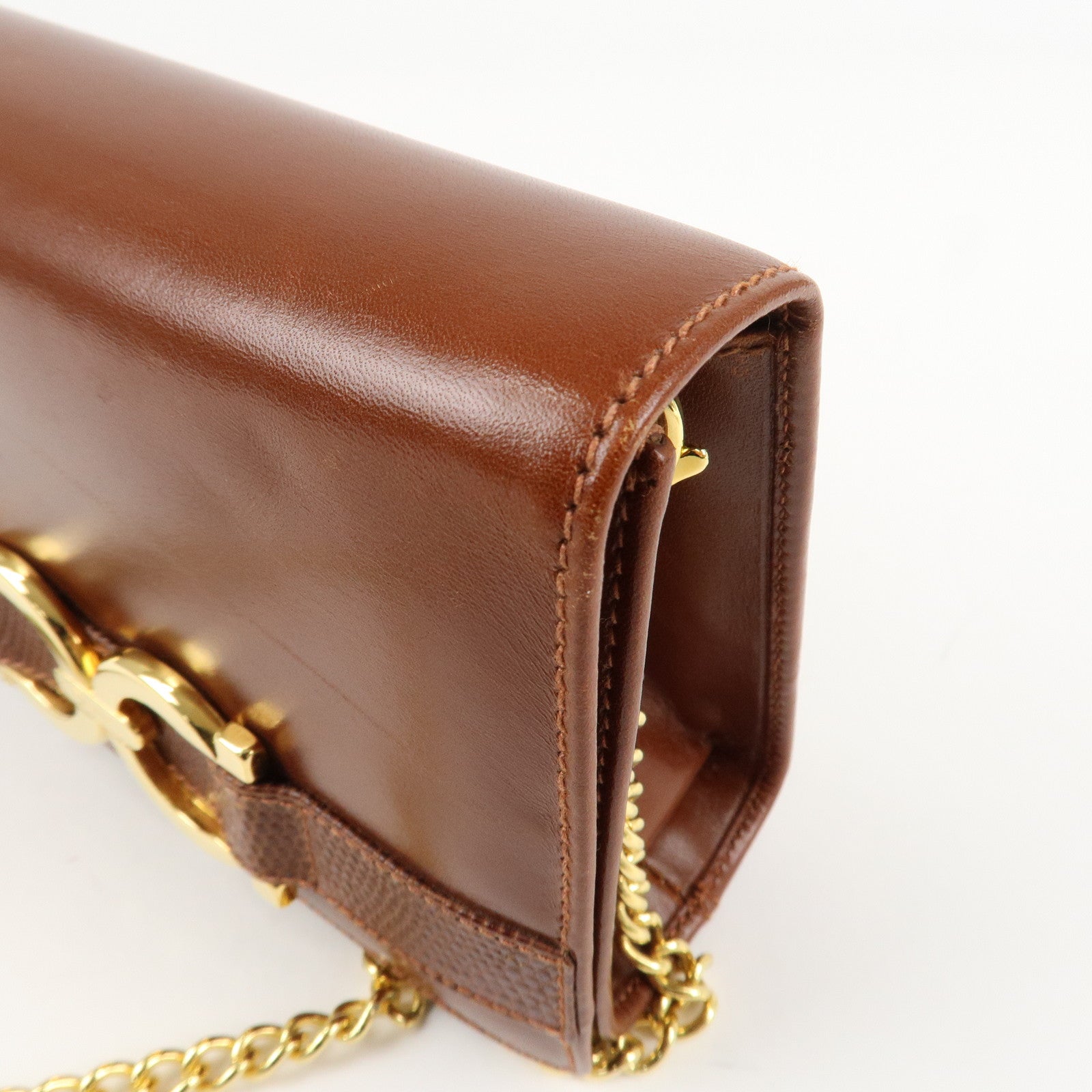 Ferragamo Gancini Leather Chain Shoulder Bag Brown Gold HDW Used