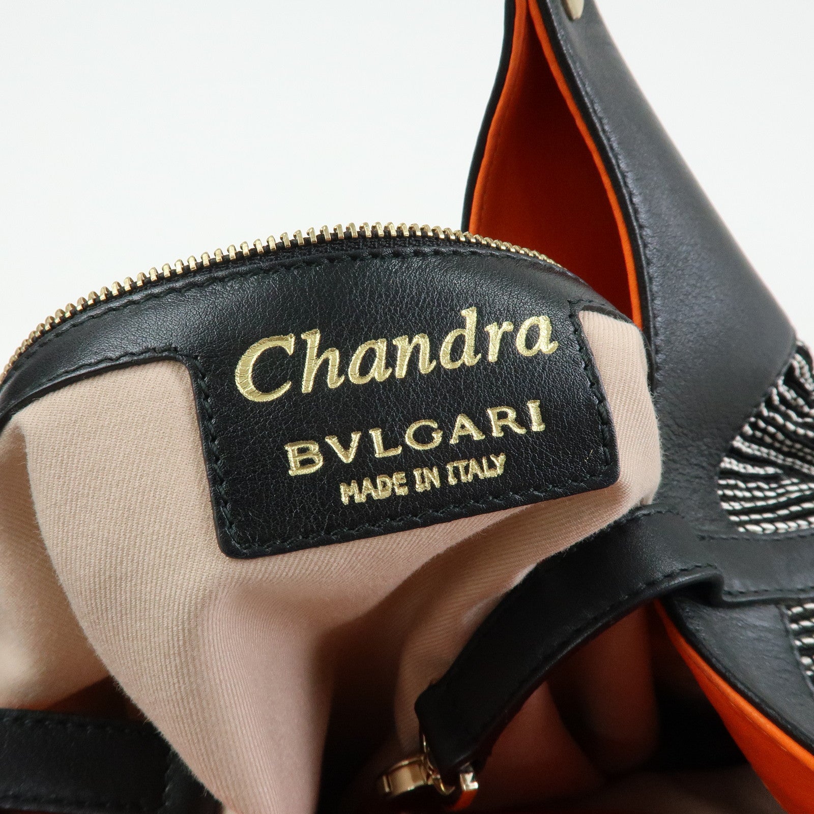 BVLGARI Chandra Leather Canvas Hand Bag Tote Bag Black Orange