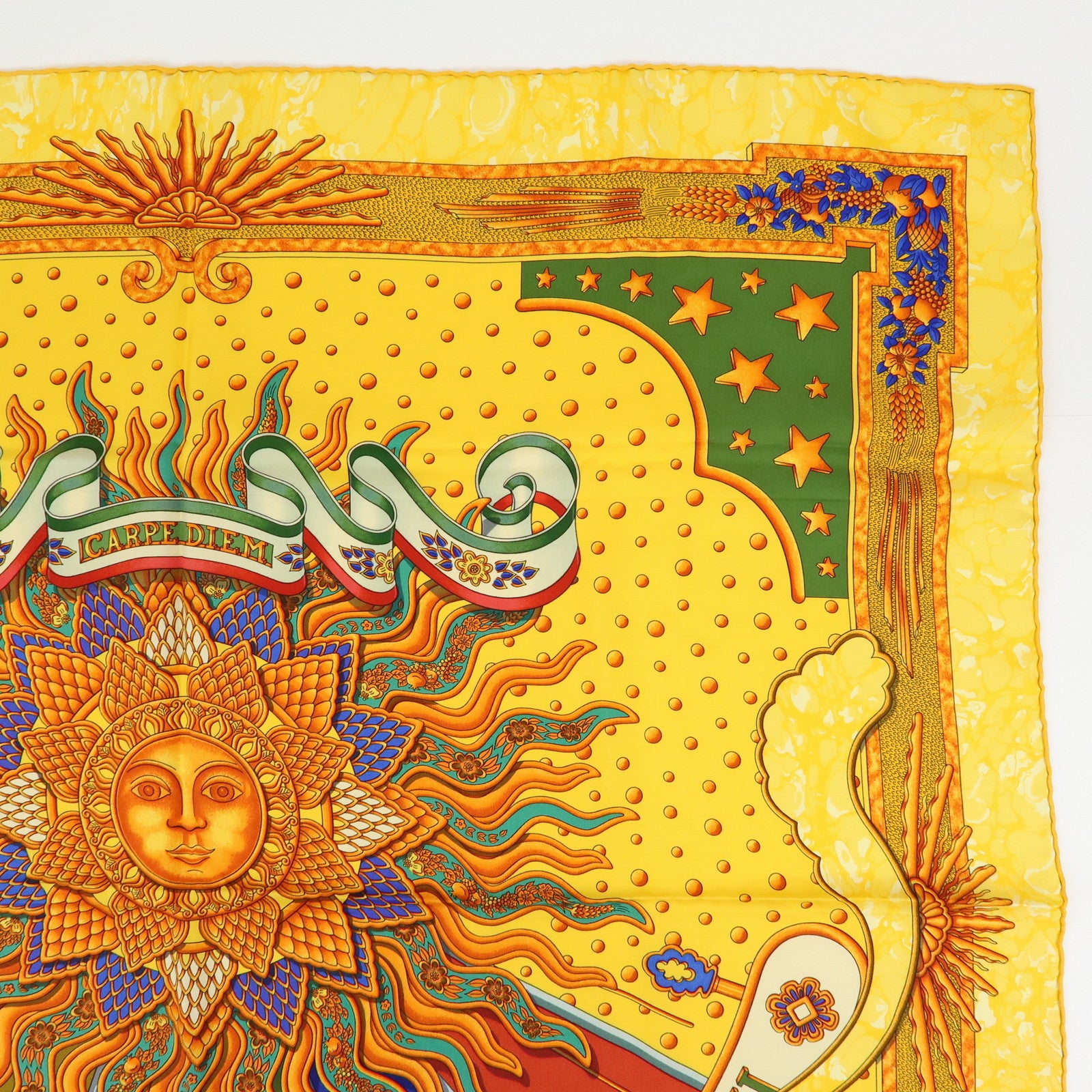 HERMES Carre 90 Silk 100% Scarf GLORIA SOLI Yellow Green Orange