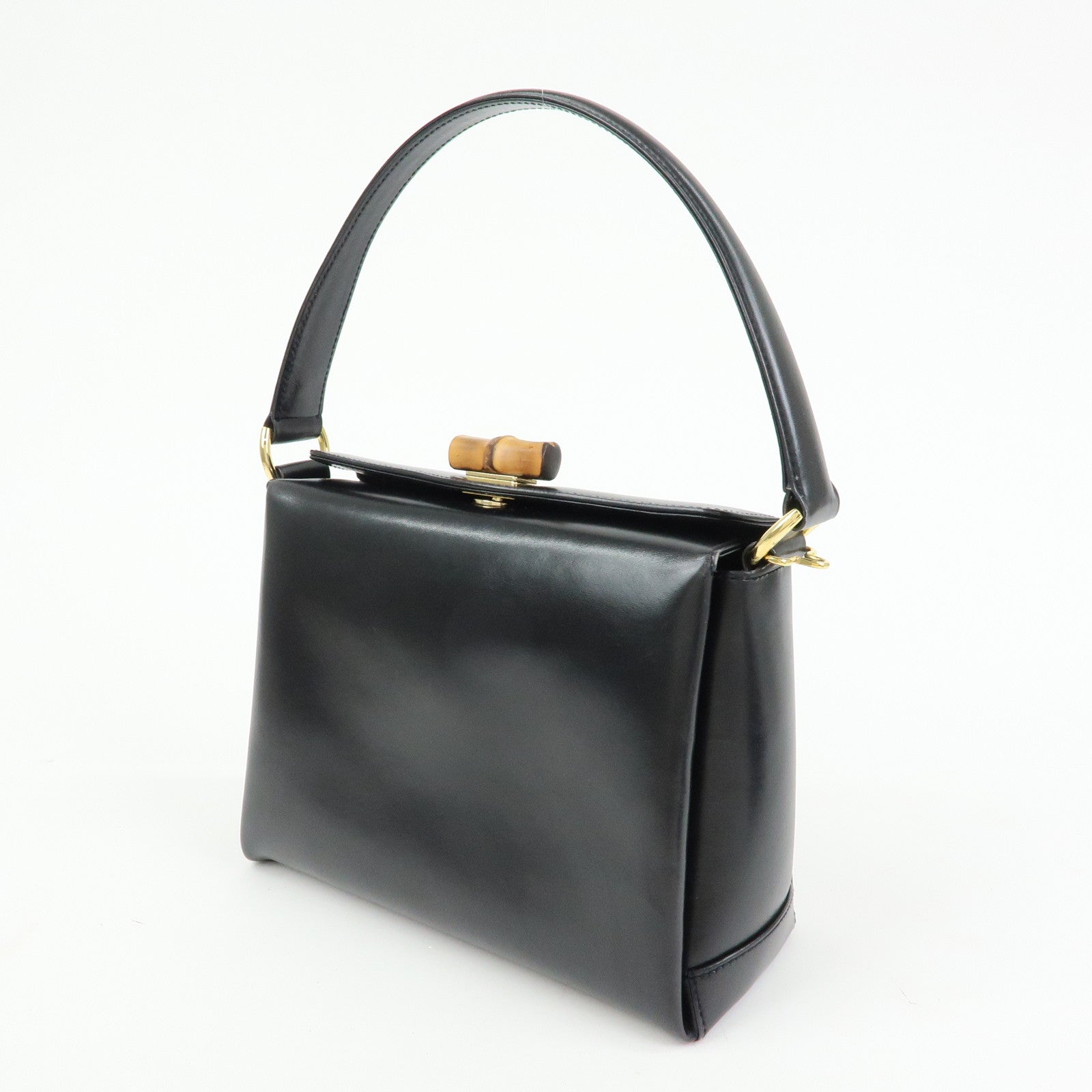 GUCCI Bamboo Leather Hand Bag Shoulder Bag Black 000・33・0175
