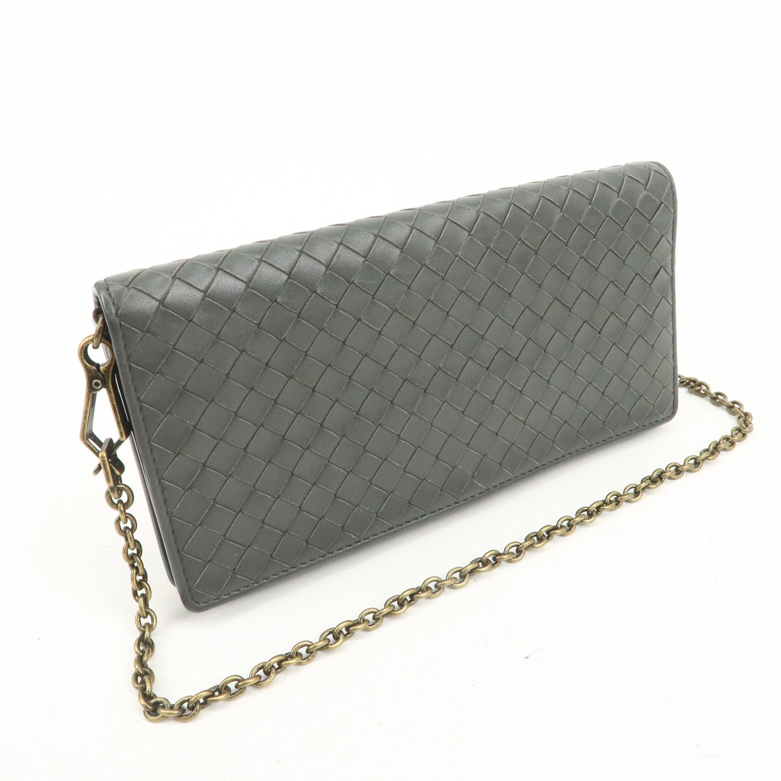 BOTTEGA VENETA Intrecciato Leather Chain Long Wallet Gray