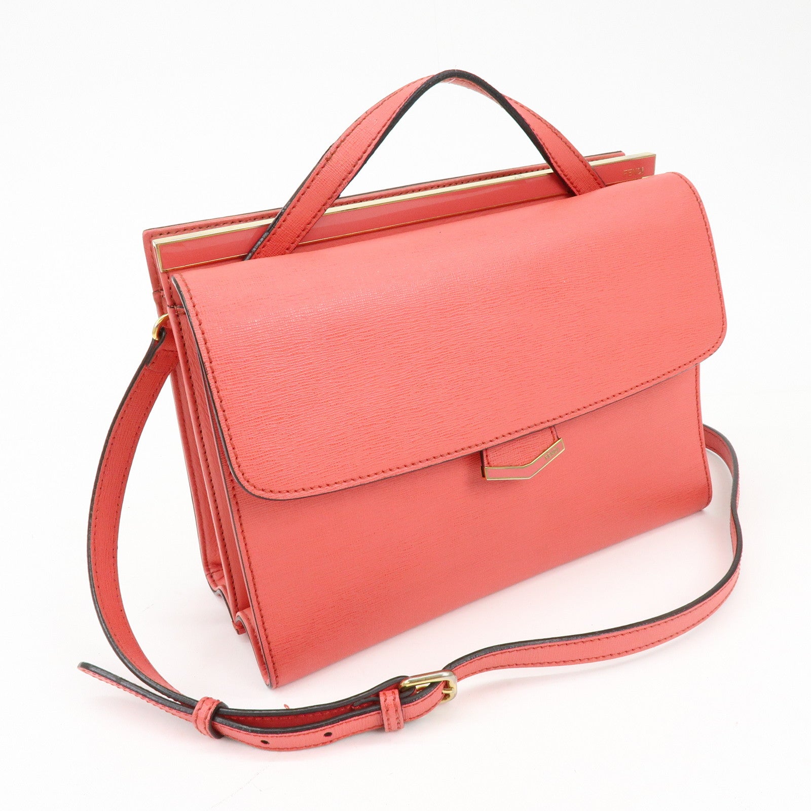 FENDI Demi Jour Leather 2Way Bag Hand Bag Shoulder Bag Coral 8BT222