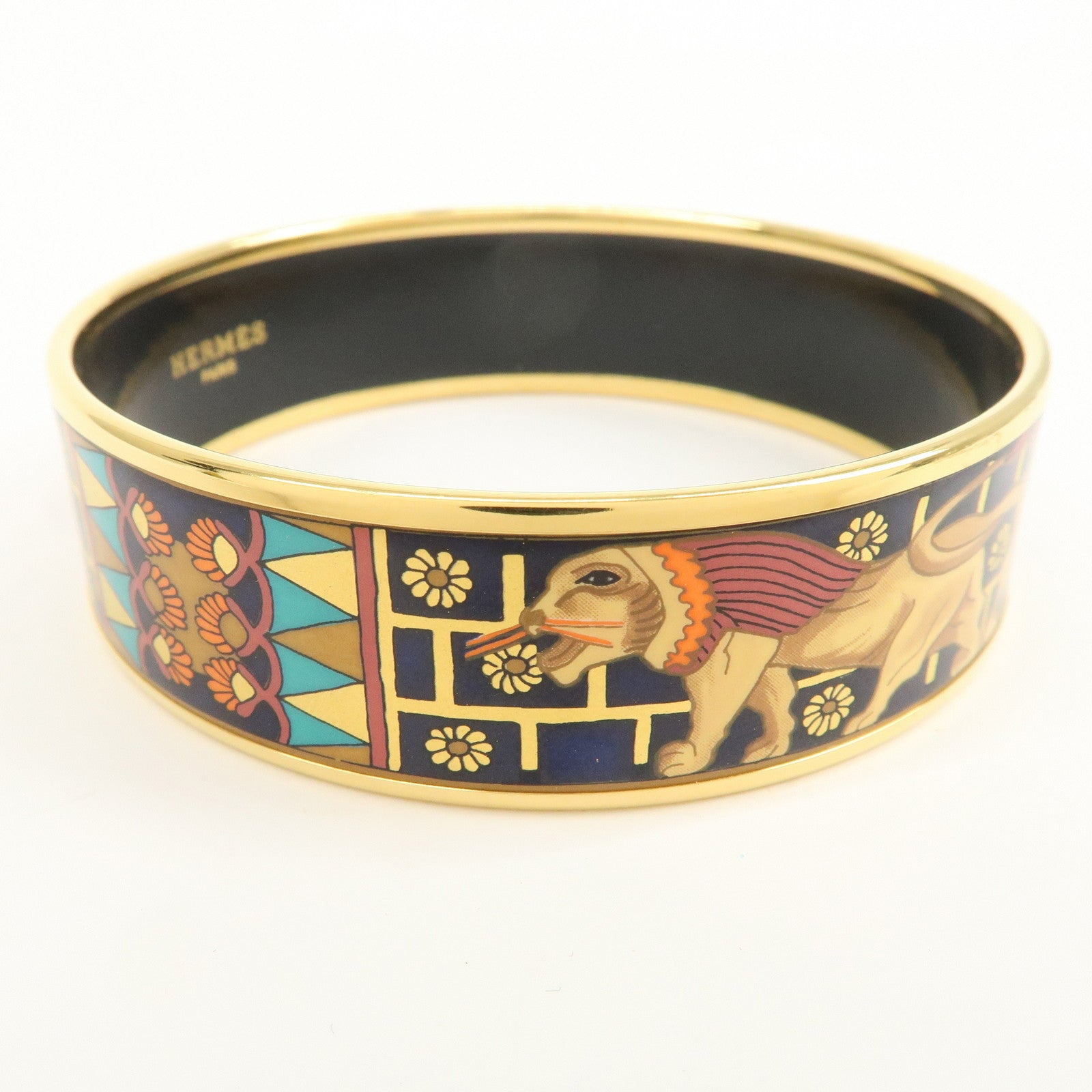 HERMES Email GM Gold Plated Bangle Bracelet Navy Gold