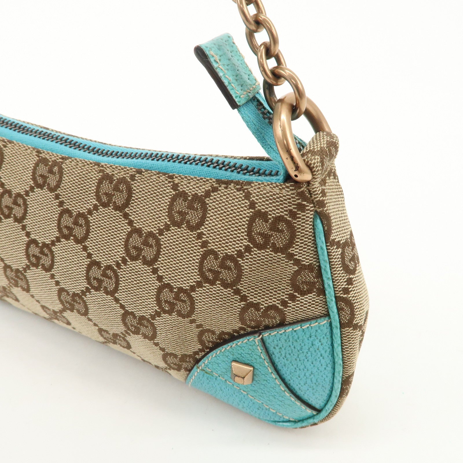 GUCCI GG Canvas Leather Chain Shoulder Bag Beige Turquoise Blue 120940 Used