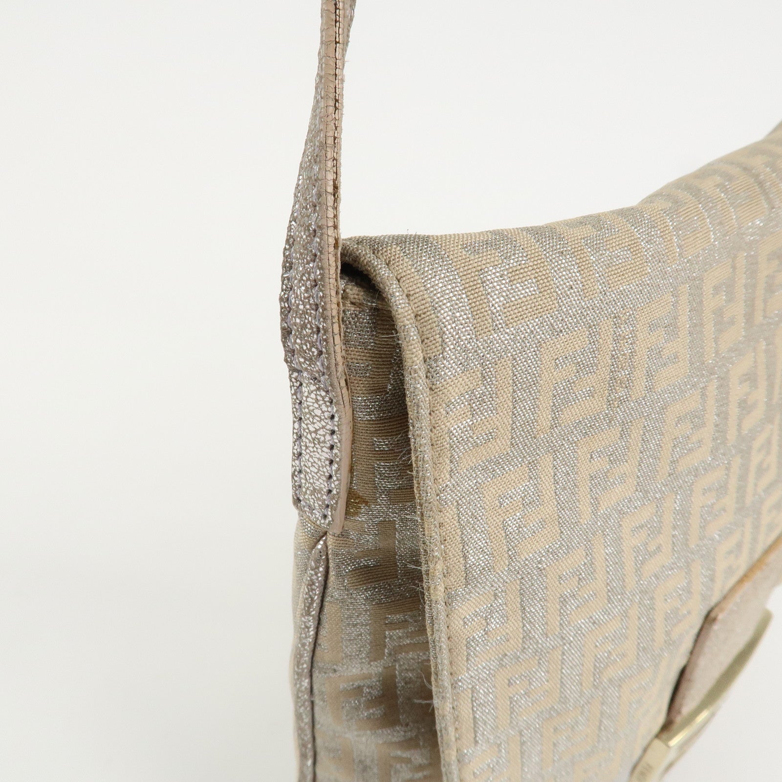 FENDI Zucchino Canvas Leather Shoulder Bag Silver Beige 8BT075