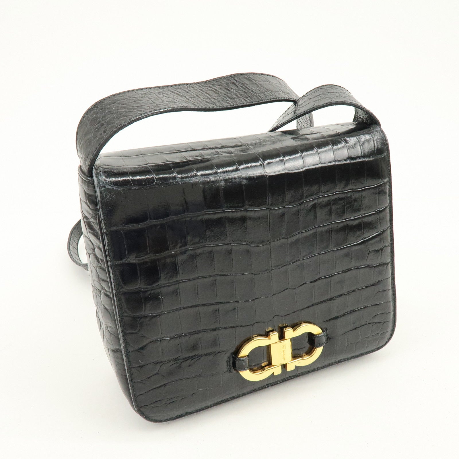 Ferragamo Gancini Embossed Leather Shoulder Bag Crossbody Bag Black