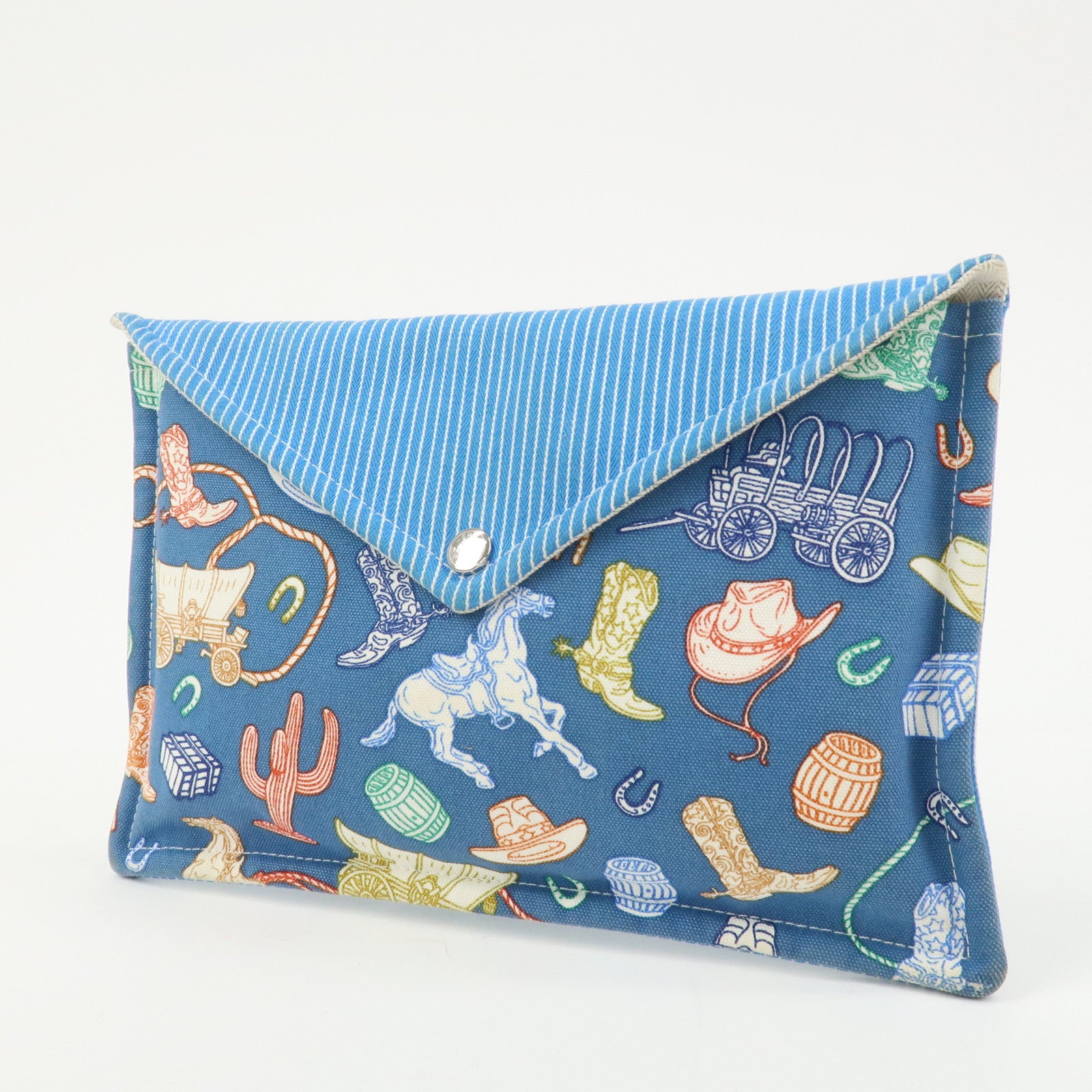 HERMES Cotton Western Motif Pouch Cosmetic Pouch Blue Multicolor