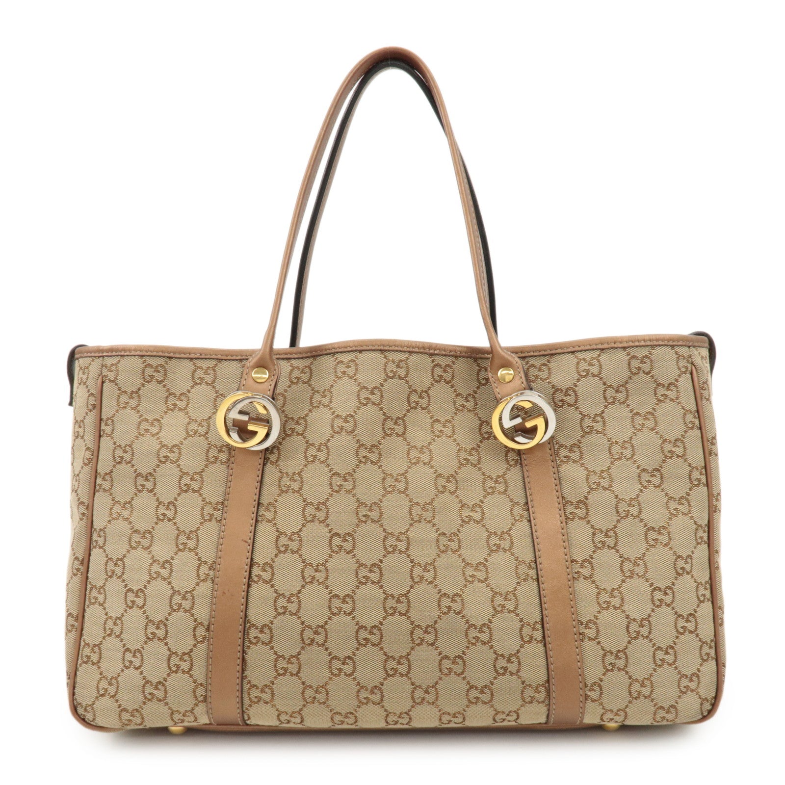 GUCCI GG Twins GG Canvas Leather Tote Bag Beige Bronze 232957 Used