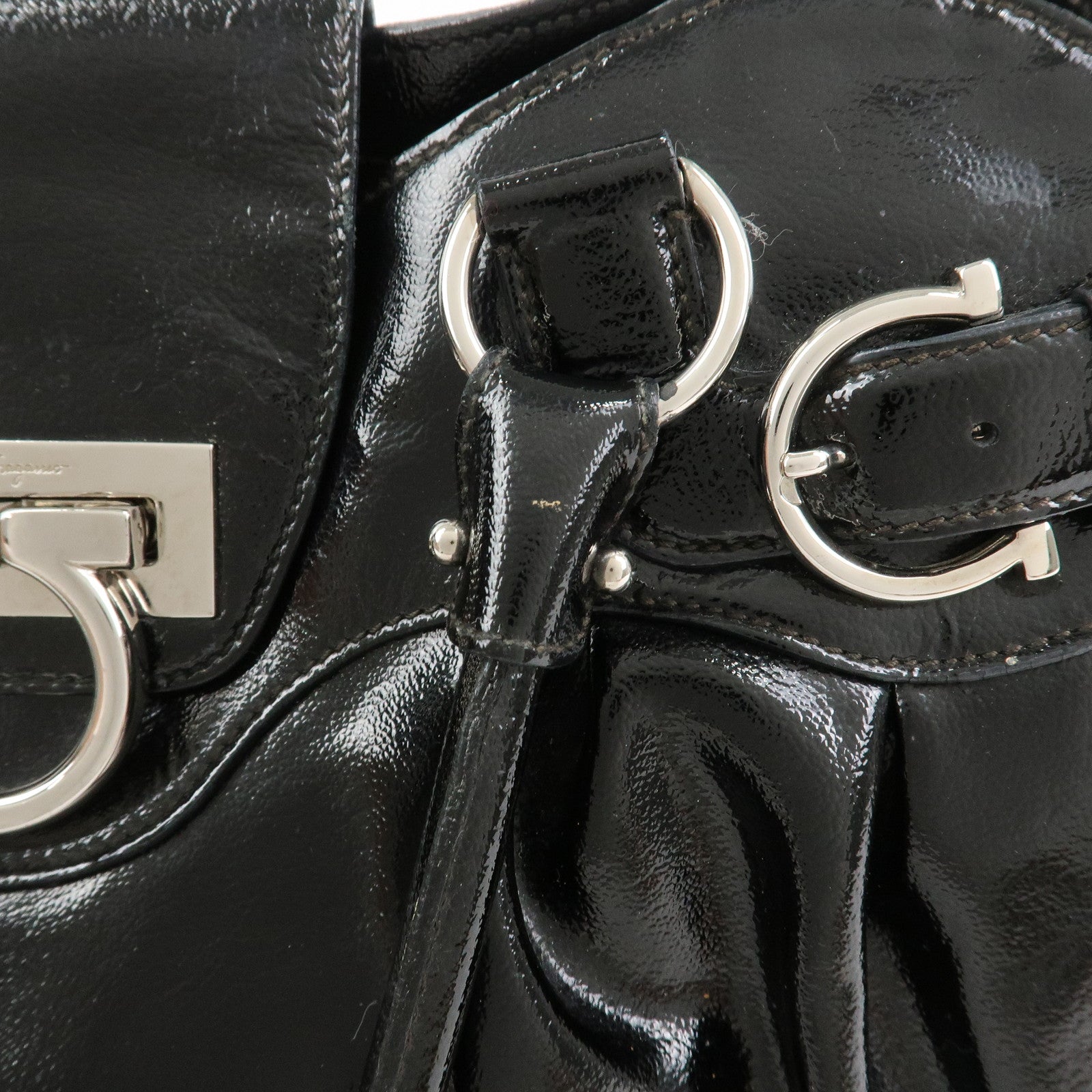 Ferragamo Gancini Patent Leather Hand Bag Shoulder Bag Black