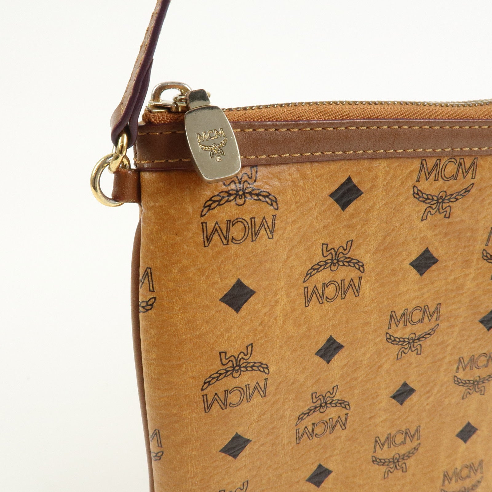 MCM Visetos Leather Shoulder Bag Crossbody Bag Brown Gold
