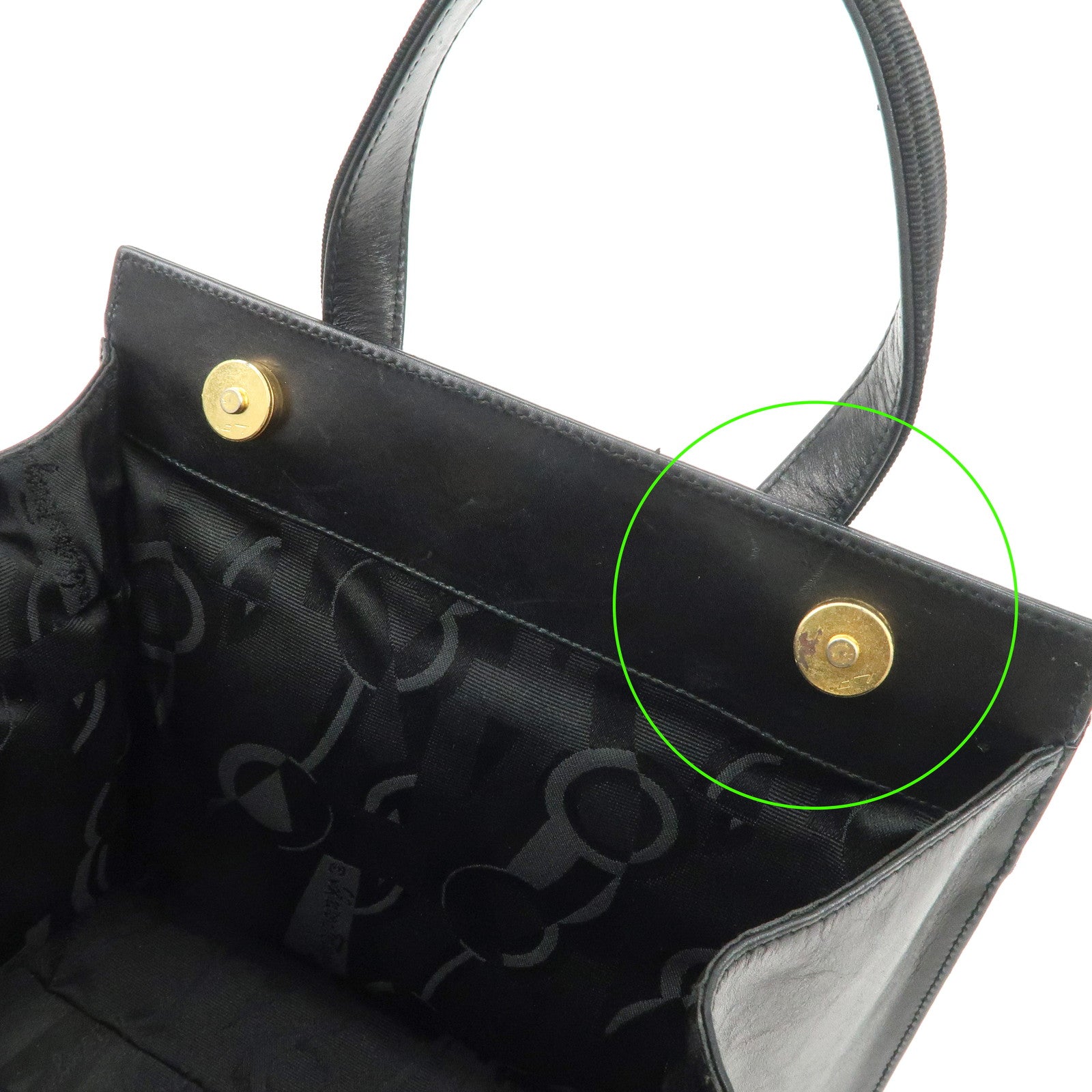 Ferragamo Vara Ribbon Leather Hand Bag Black Gold HDW