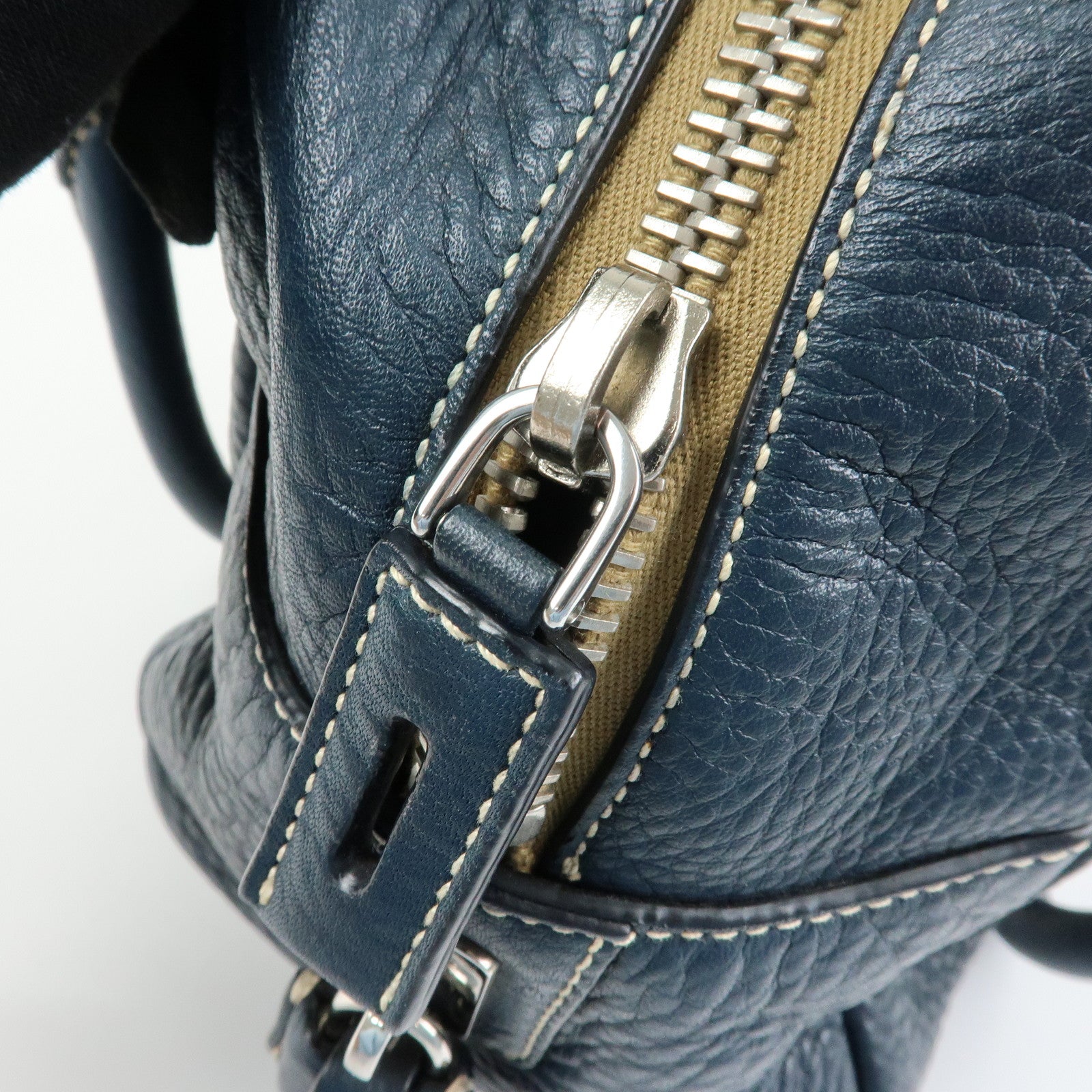 PRADA Calf Leather Boston Bag Shoulder Bag Hand Bag Navy BR3091