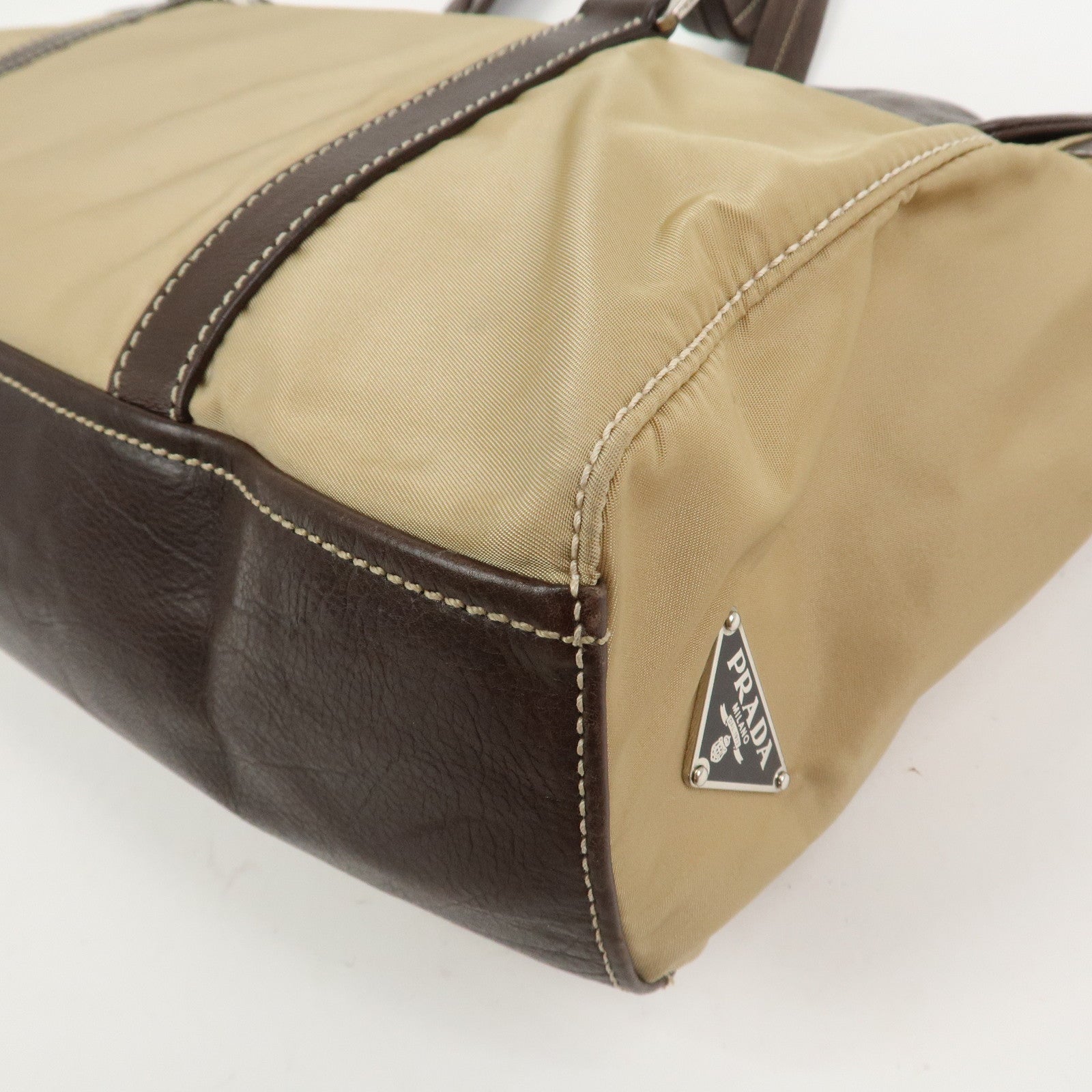 PRADA Triangle Logo Leather Nylon Shoulder Bag Brown BR2418