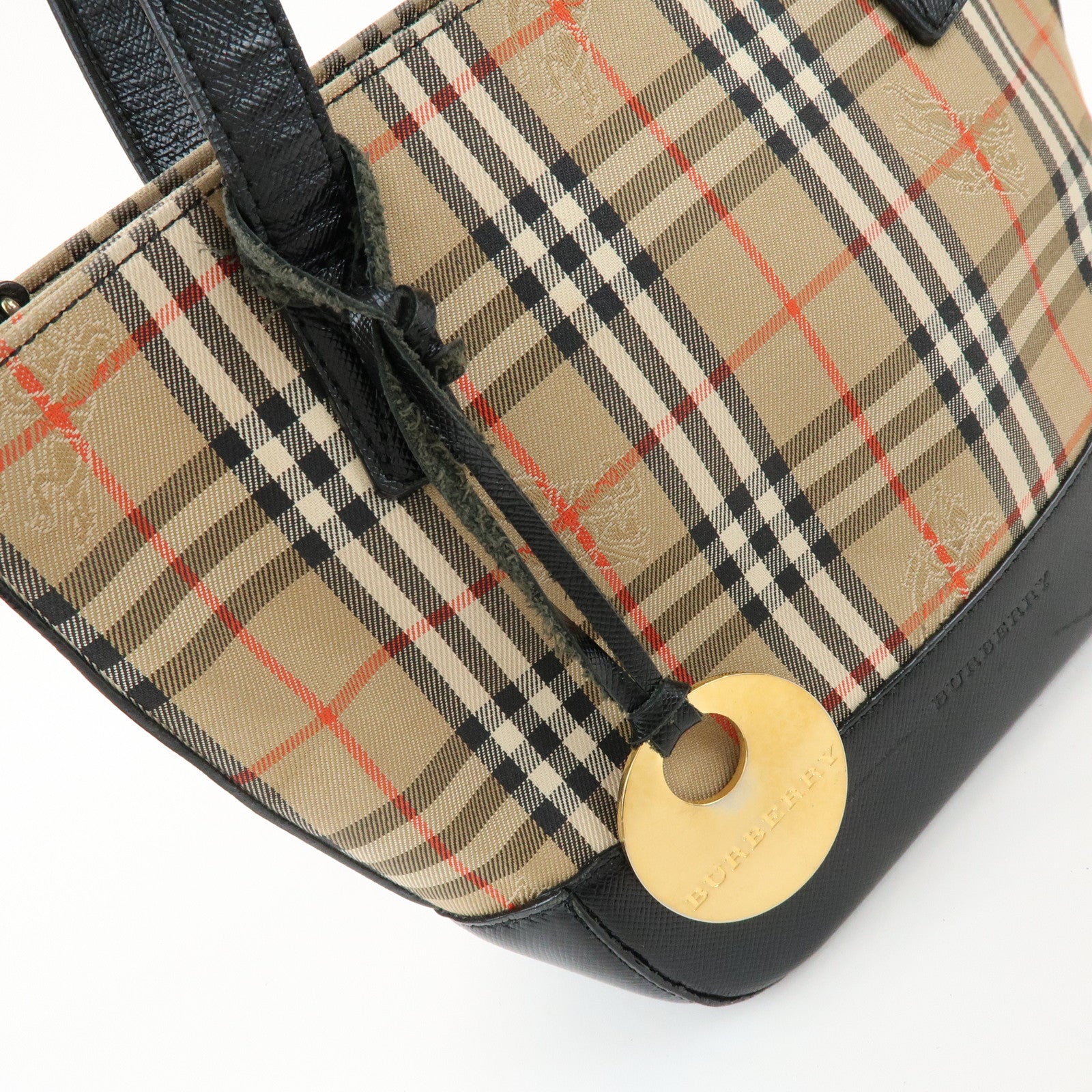 BURBERRY Nova Plaid Canvas Leather Small Hand Bag Black Beige