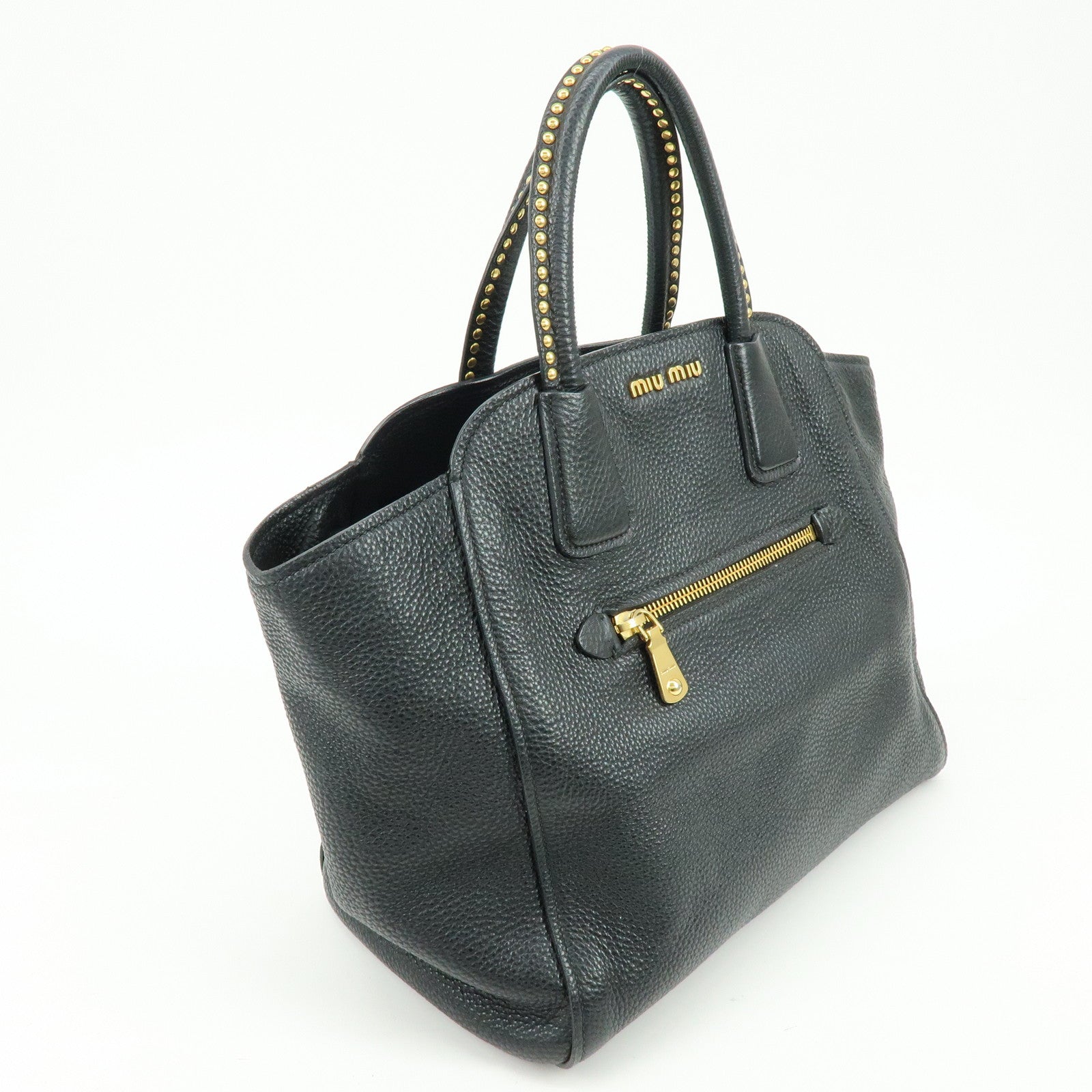 MIU MIU Logo Leather 2Way Bag Hand Bag Shoulder Bag Studs Black