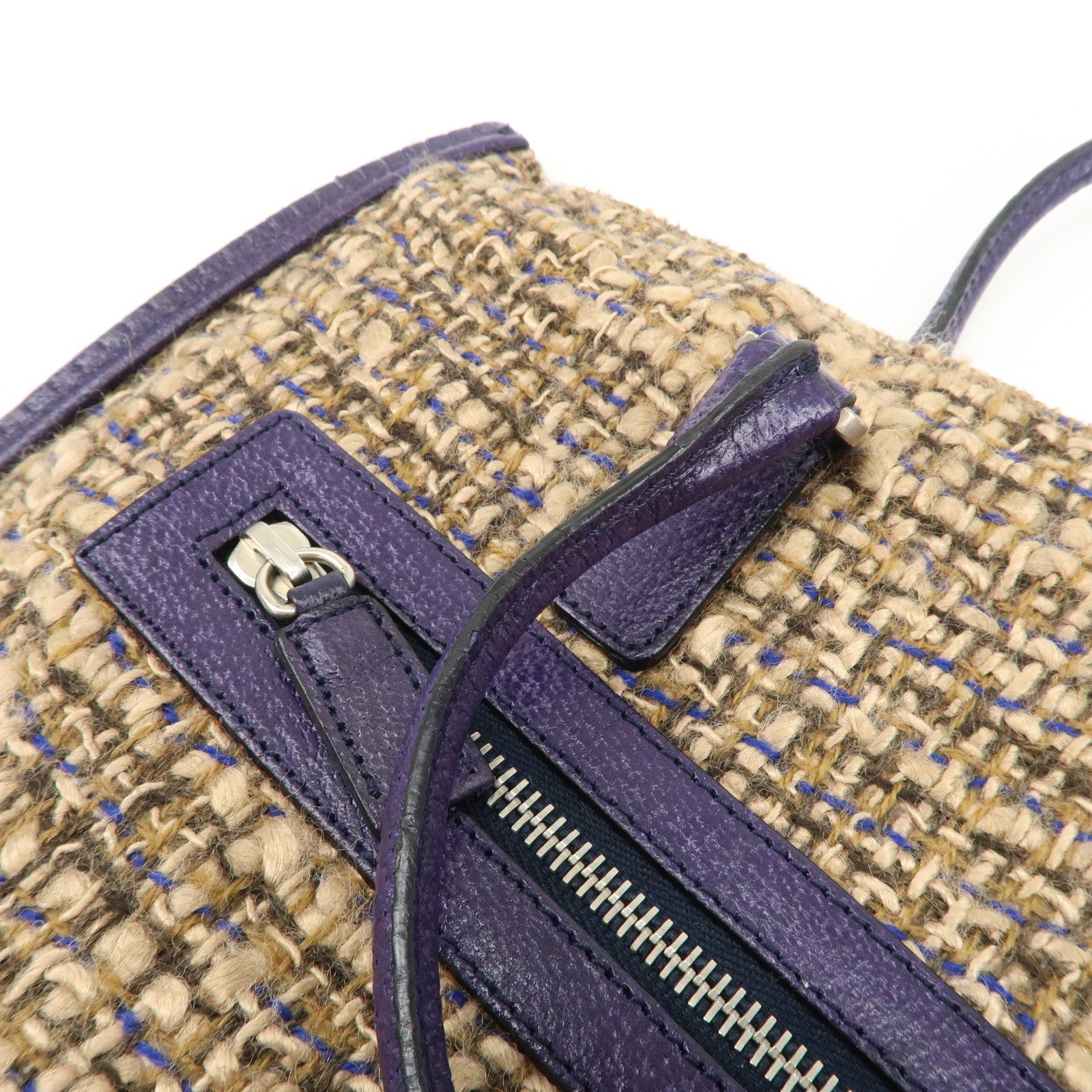 PRADA Triangle Logo Tweed Leather Tote Bag Purple Beige B11261 Used