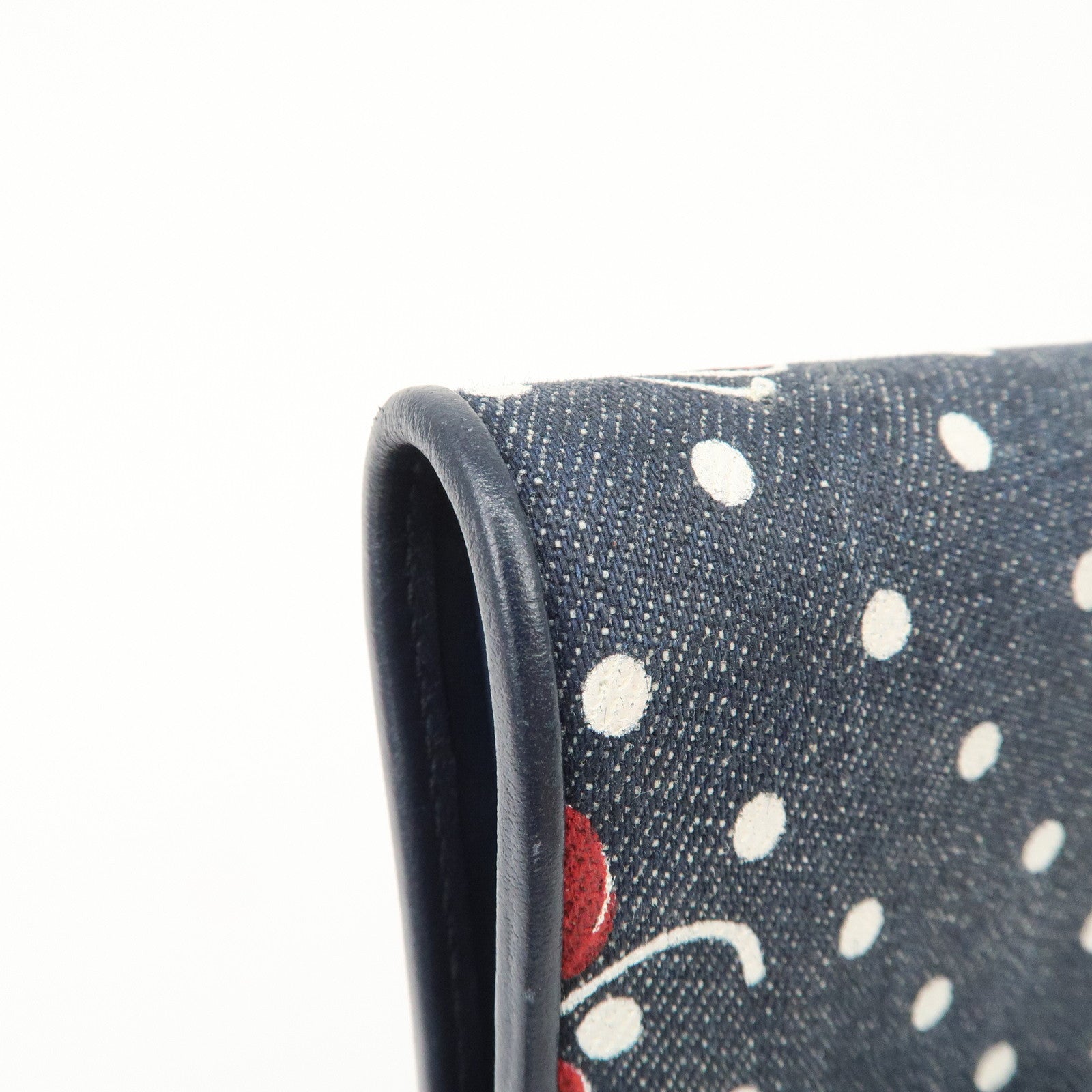 MIU MIU Cherry Denim Leather Bifold Compact Wallet Navy Red Used