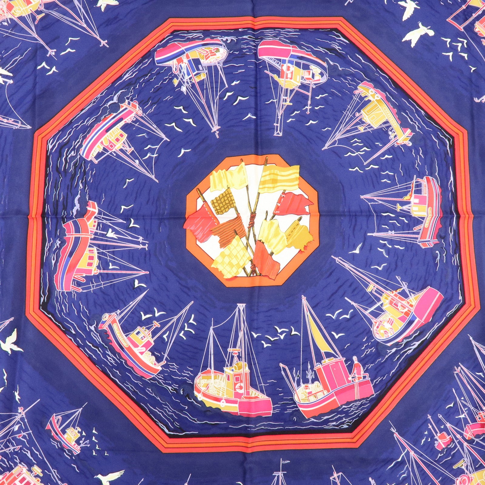 HERMES Carre 90 Silk100% Scarf RETOUR DE PECHE Blue Red Gold