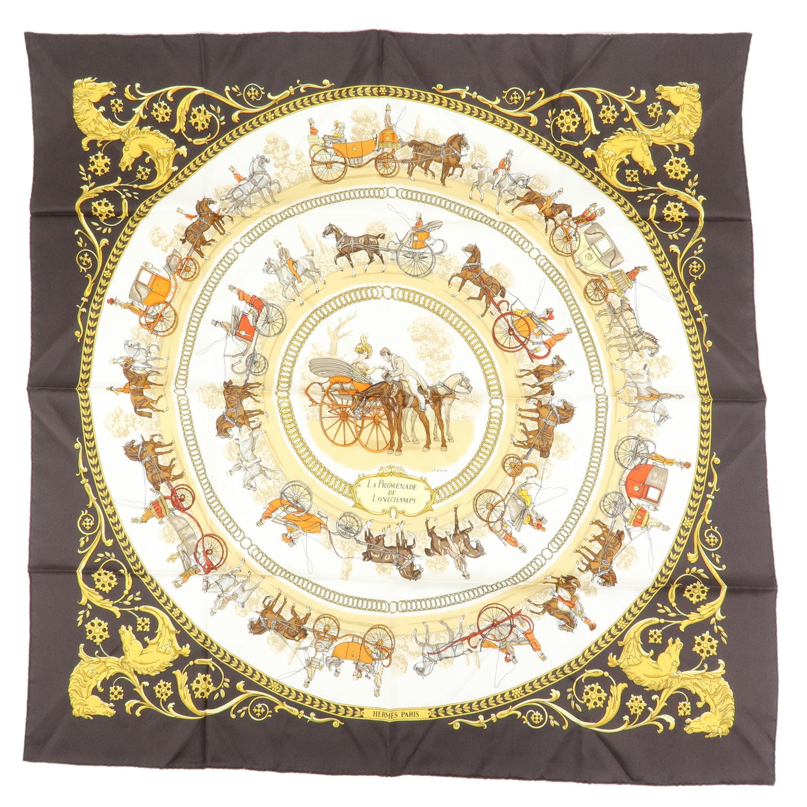 HERMES Carre 90 Silk 100% Scarf LA PROMENADE DE LONGCHAMPS Brown