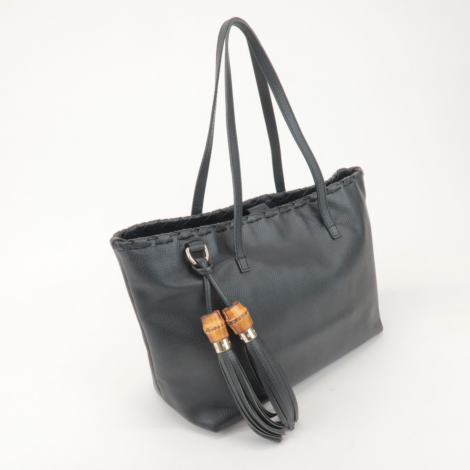 GUCCI Bamboo Leather Tote Shoulder Bag Tassel Charm Black 354665