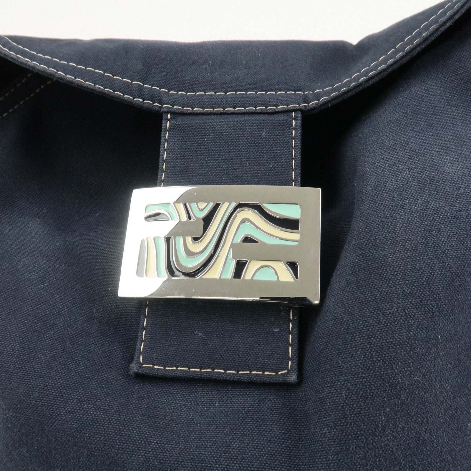FENDI Logo Canvas Shoulder Bag Hand Bag Navy 26426
